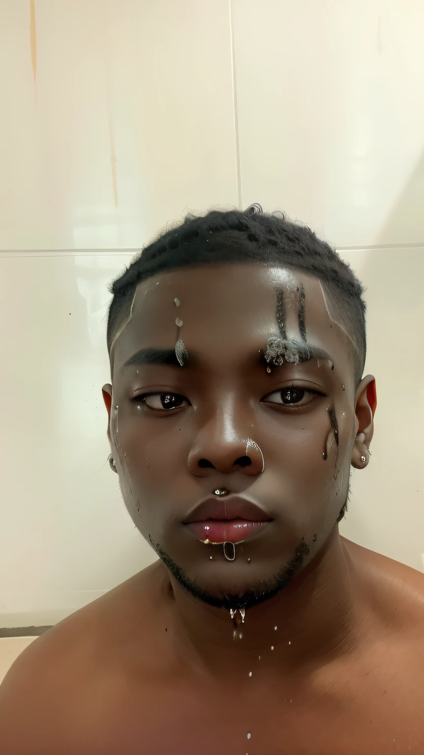 There is a man with a black face and black hair, dripping with oil in the head, water dripping off him, imagem frontal, man is with black skin, rosto limpo e brutal ensanguentado, covered in oil, black oil bath, pele suada escorrendo pelo rosto, marcas no rosto, pele da vida real, creme pingando no rosto, gotejamento da pele, foto de perfil, Album art