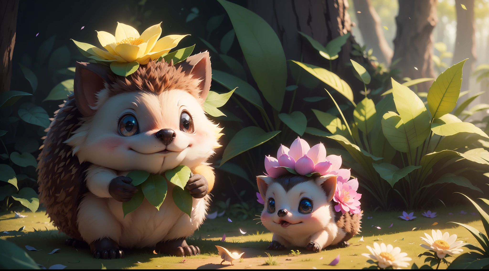 Baby hedgehog, fundo complexo, beautiful  lighting, sombra profunda, melhor qualidade, obra-prima, Ultra Highres, fotorrealista, Proper proportions, muitos pequenos detalhes, cores suaves, volumeric lighting, Scifi, contraste: 0.5, sozinho: 1.4, majo, bicho, floresta, grama, salgueiros, flower petals, Ultra fofo, Cutemaomao