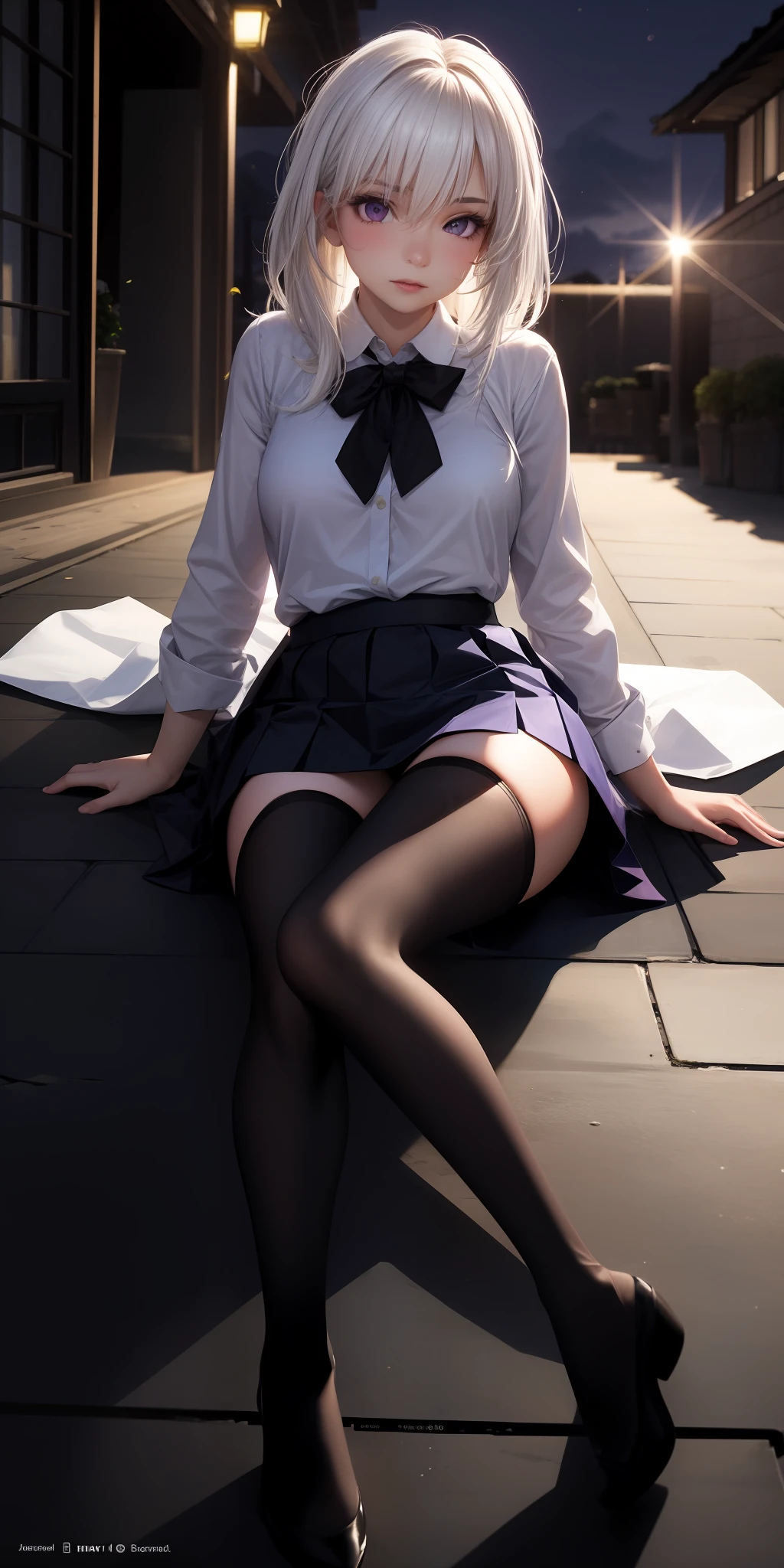 realisticlying,1girl,White hair,Purple eye,glowing light eyes,Cut the top,a skirt,parted lip,Be red in the face,the night,fresh flowers,suns,rays of sunshine,Legs spread black stockings