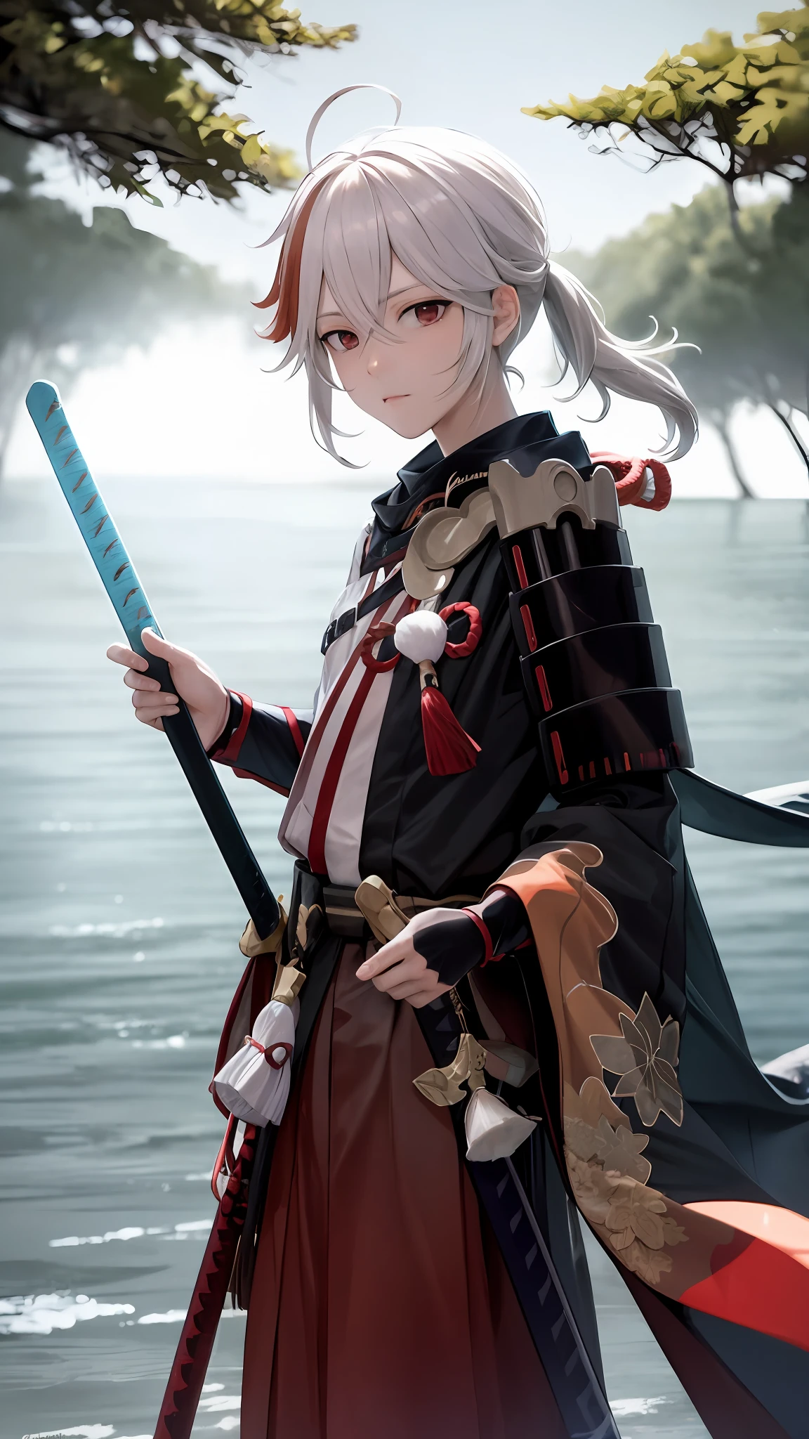 masterpiece, best quality,kaedehara kazuha, male focus, 1boy, solo, red eyes, bangs, multicolored hair, japanese clothes, streaked hair, red hair, hair between eyes, weapon, sword, armor, japanese armor, white hair, closed mouth, ponytail, outdoors, tassel, looking at viewer, night, above water, forest,(kbxll:0.6), night sky, tree,