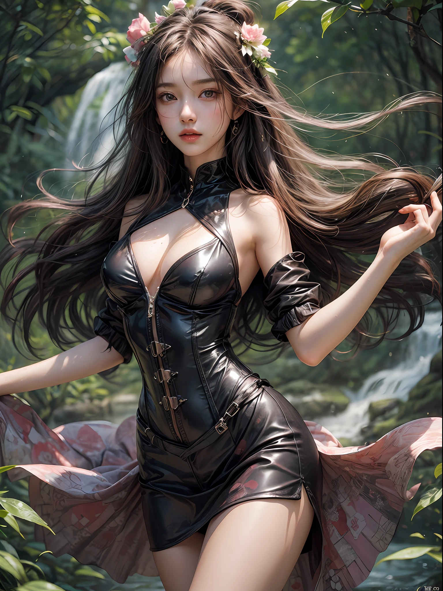 Holding a large see-through stole with pale pink floral pattern with both hands、Swaying in the wind。dark color、shackle、Halter Neck Bodysuit、Rubber Suit Corset、garterbelts、Upper eye、light-colored skin and loose navel skin,,。Skirt flutters in the wind and spreads。Dynamic Posing。Dancing Poses。
Loose clothing shows shoulders。Very beautiful girl at 19 years old。
Hair swaying in the wind。 masutepiece、Best Photoreal、portlate、Sheer clothing、wetted skin、Wet hair、Sexy look、Functional、Bewitching、Clothes with an open back、Oblique composition、Waterfall in the forest、Big hair ornament、Medium chest、Navel Ejection、
