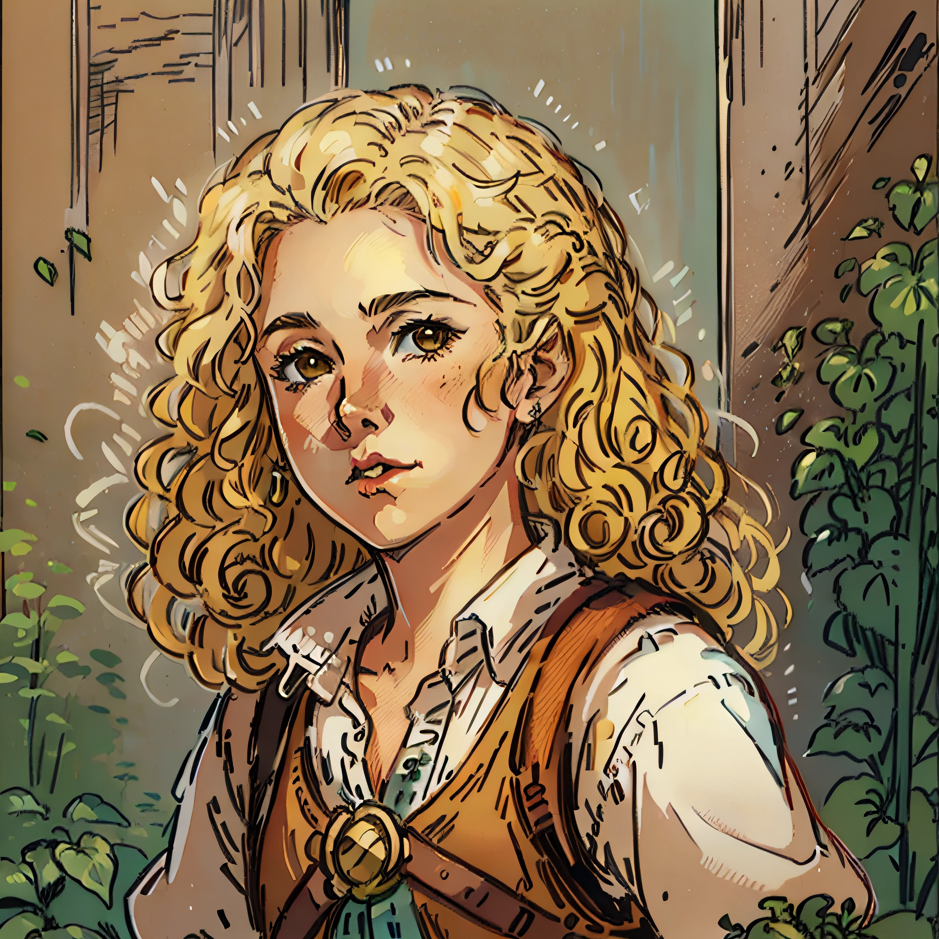 "Small female hobbit, pale skin, curly blonde hair, RPG character portrait, medieval fantasy, slightly chubby, white shirt, and brown suede vest."