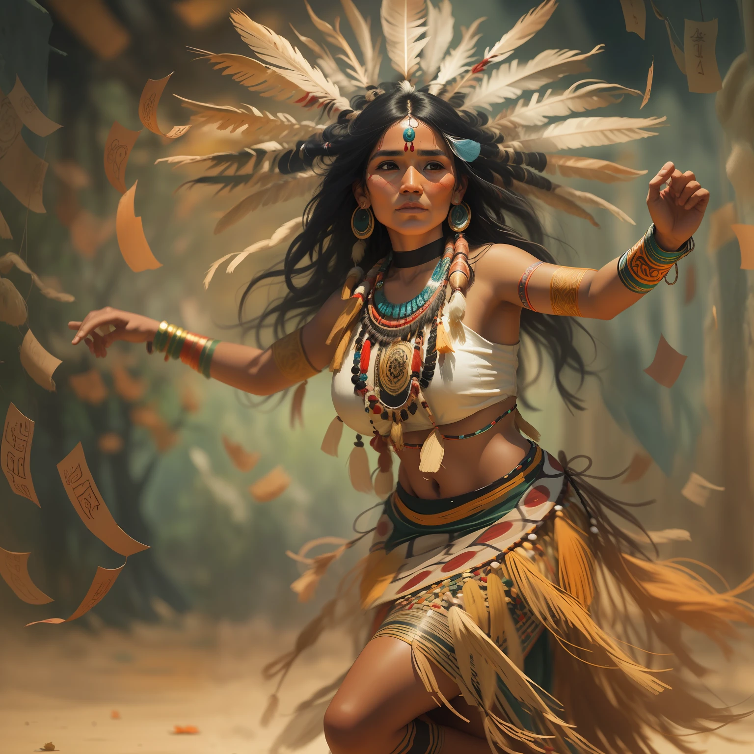 A beautiful indigenous woman dancing, cabelos pretos longos cacheados com franja, rosto bonito, imagem alto detalhe, simetria, Arte de Fantasia