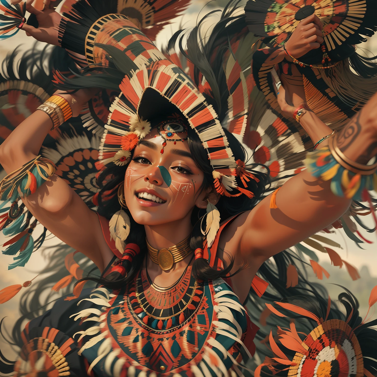 A beautiful indigenous woman dancing, cabelos pretos longos cacheados com franja, rosto bonito, imagem alto detalhe, simetria, Arte de Fantasia