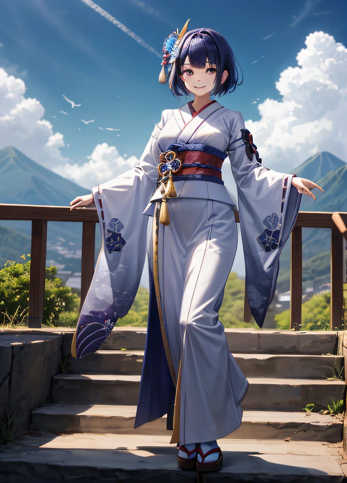 "Full body shot of Japanese traditional costumes with a smile , standing outdoors during the day with a simple background of blue sky. The character has short hair and is looking at the viewer, positioned on stairs near a mountain. The scene is enhanced with moody lighting."