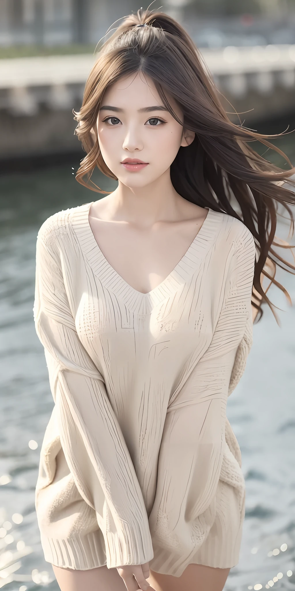 1girl walking on the river, mix4, sweater, pillow, lips, open_mouth, realistic, photo_\(medium\), solo, stuffed_animal, stuffed_toy, teddy_bear,(masterpiece),(photorealistic:1.3), ultra-detailed, (high detailed skin:1.2),(best quality:1.0), (ultra highres:1.0), (ulzzang-6500:0.3), wavy detailed hair, long hair, sunshine, (beautiful detailed makeup), (sexually aroused blushing heavy breathing:1.0), floral theme flower petals scattered, (soft glow bloom:0.5)