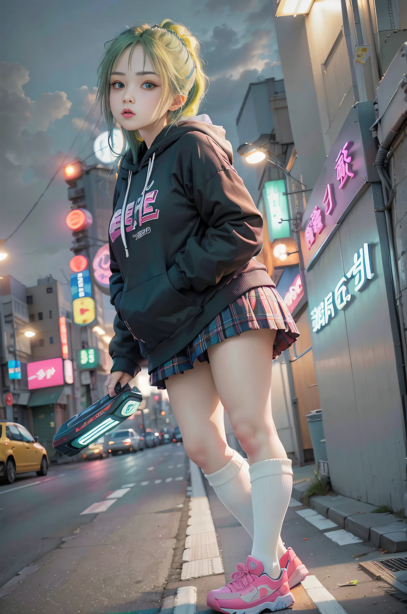 Extreme low angle, full body (8k, RAW photo, highest quality, masterpiece), High detail RAW color photo professional close-up photo, (realism, photo realism:1.4), (highest quality), (best shadow), (best illustration),surreal face, blue eyes, girl long neon green hair, wearing short hoodie head set, long Tartan plaid Skirt, tight high socks, hiding a hoverboard, tokyo night, neon, neon pink, neon blue, neon lime green,