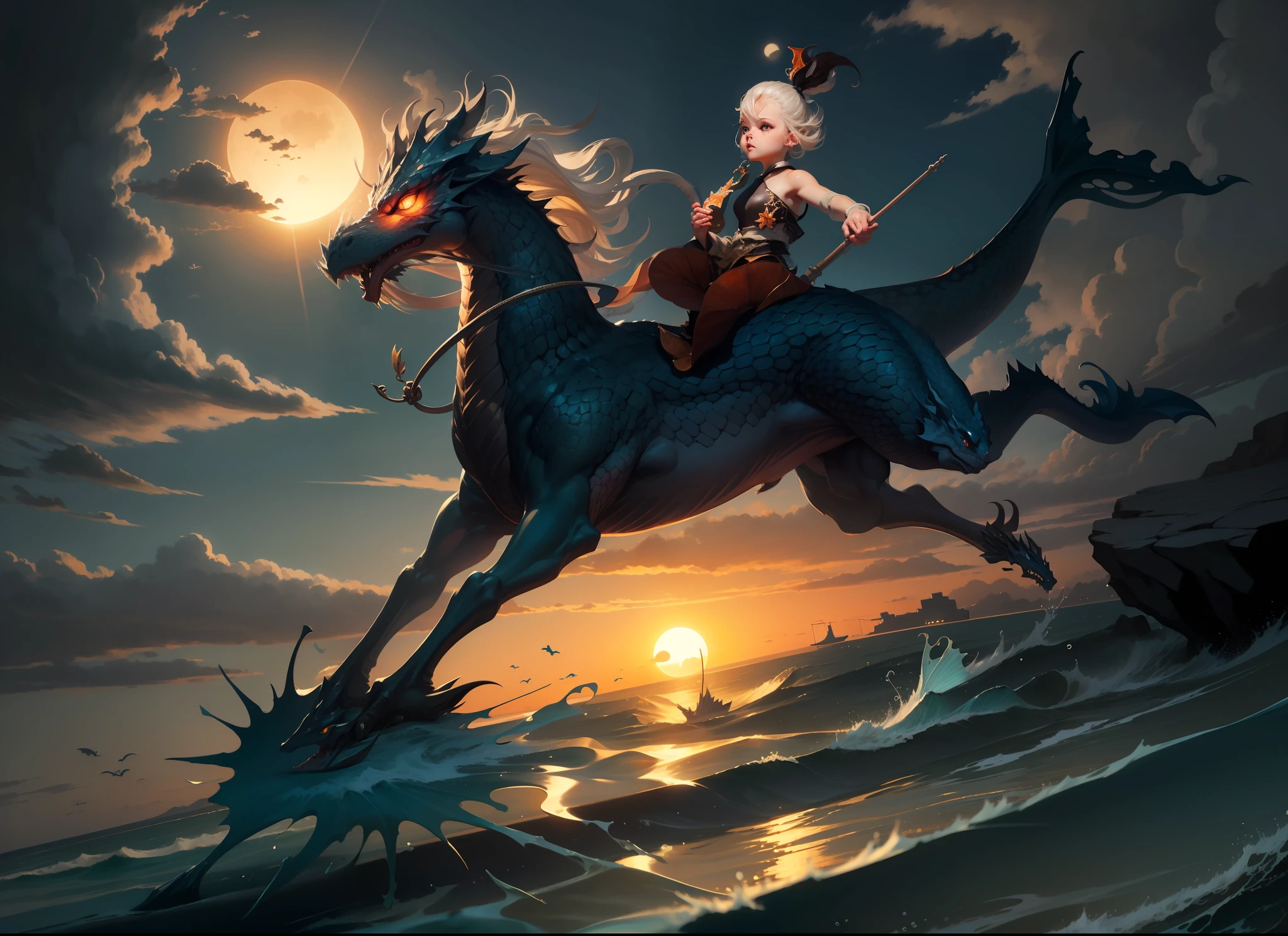 Dragons are at sea.., Blue Sea, evening. Orange Sun