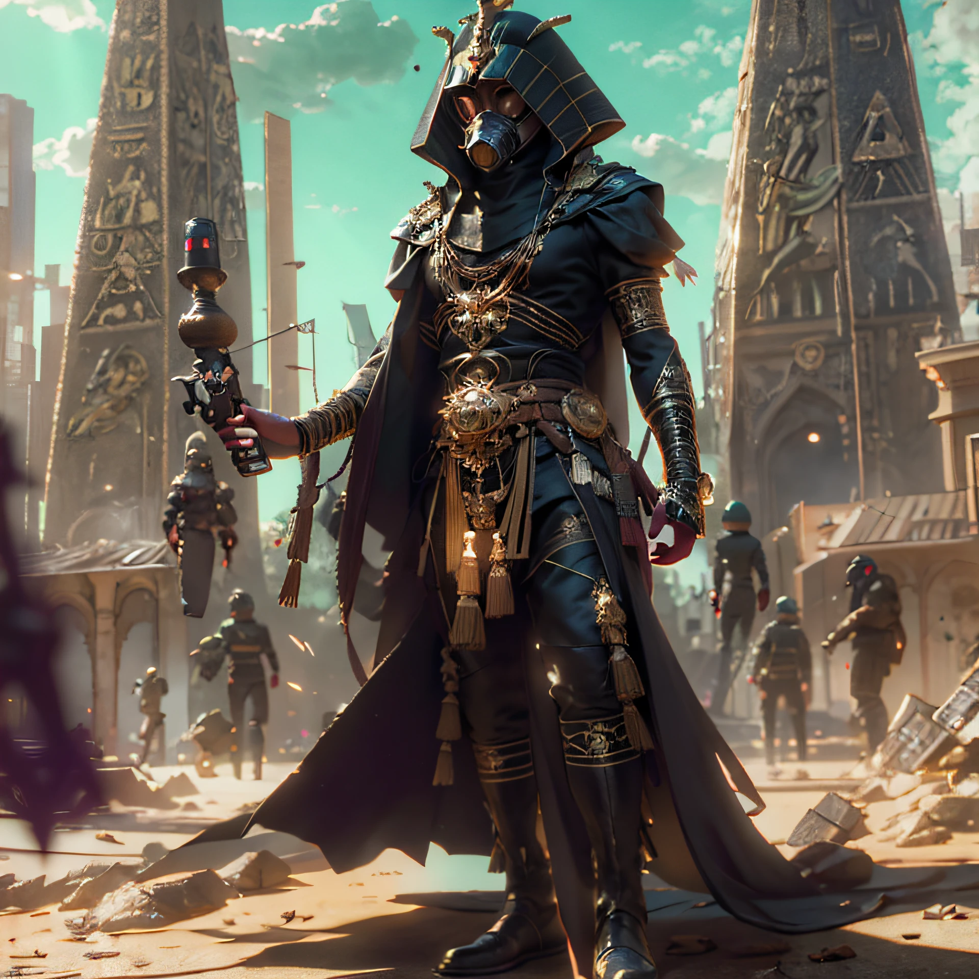 Luis Royo art style, full body illustration of a Pharaoh in silhouette::1.0, wearing a gas mask, wearing hip hop clothing hammers and diamonds apparel, dynamic pose, background cyberpunk city with pyramids, minimalistic, rtx, UHD, cell shading, 32k, ray tracing, well defined, comic, digital painting, cartoon, photorealistic, drawing, unreal engine, octane render, shaders, 4d, I can't believe how perfect this image is