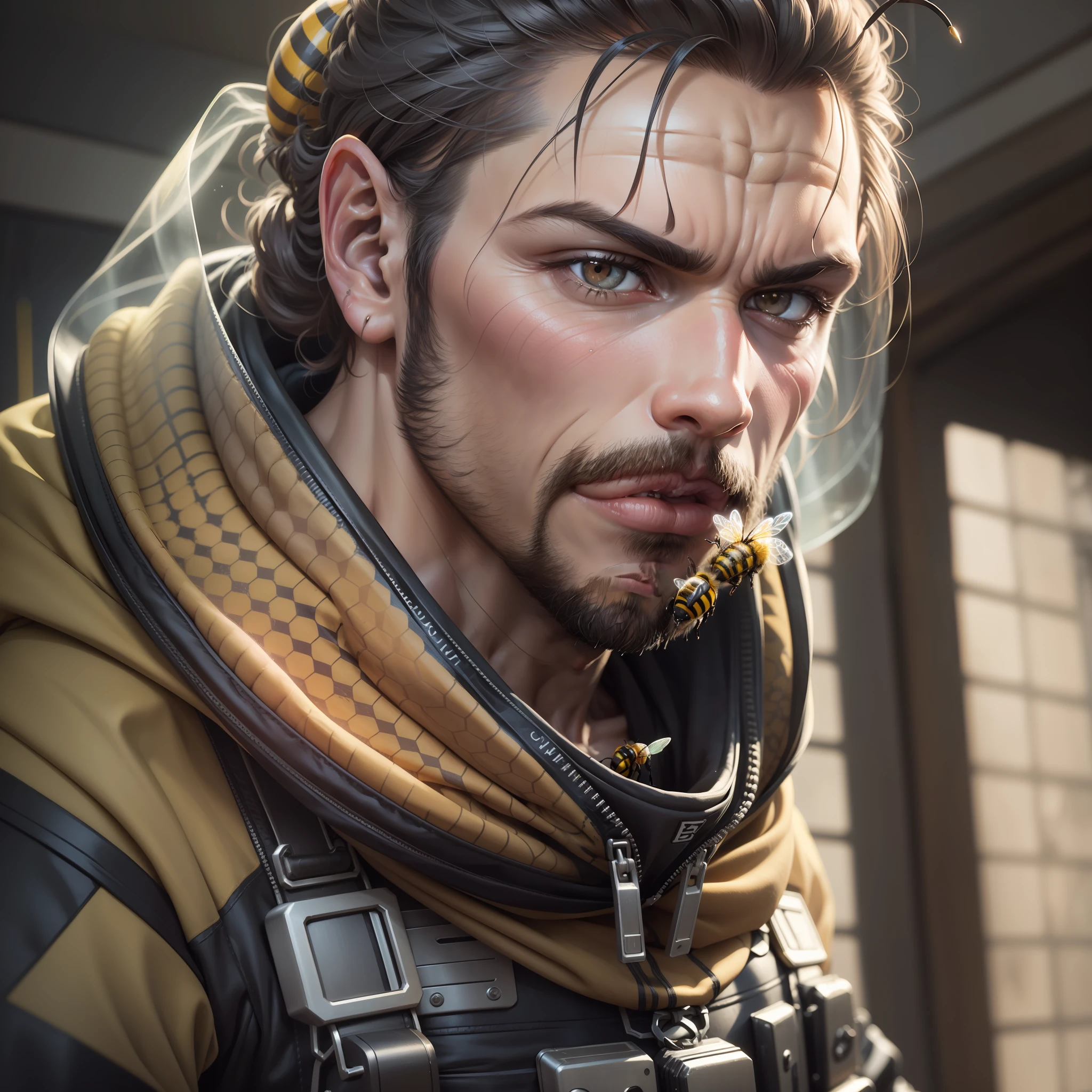 Portrait of a half-man-half-bee creature in a post-apocalyptic spacesuit, (((bee head))),rosto de batalha, ((grim expression)), ((agressivo)), ((peludo)), grunge, (close up shot), danificado, Muscle, deus, mayor, epic realistic, desbotado, (((hdr))), hiperdetalhado, cinemactic, luzes quentes, detalhes intrincados, Muscle