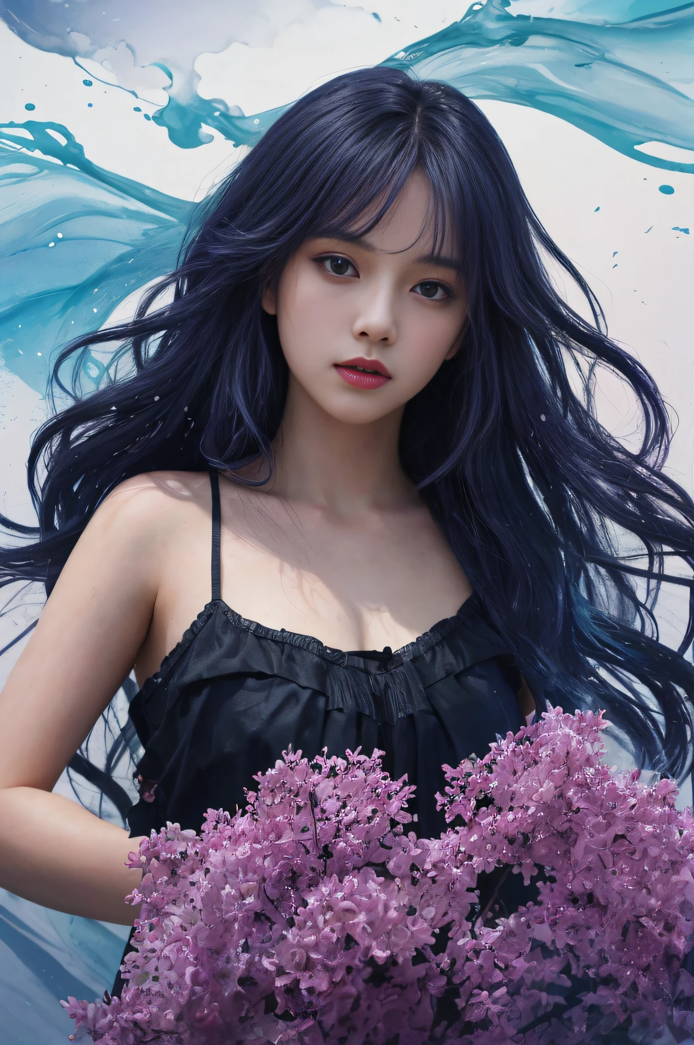 Colorful beautiful girl：A 28-year-old girl，messy  hair，Very real photos，realistic perfect face，Soft skin perfect face，blue yellow colors，Light purple and violet color added，Light red color added，Complicated details，Splash screen，8K分辨率，tmasterpiece, cute  face, Long bangs，horsetail，ArtStation digital painting is smooth and very black ink flow：8k resolution photorealistic masterpiece：intricately detailed fluid gouache painting：Written by Jean Baptiste Mongue：caligraphy：propylene：water color art，professional photoshooting，natural  lightting，Volumetric lighting minimalist photographic illustration：Written by Marton Bobzert： ，复杂，ellegance，sprawling，dream magical，Wavy hair，with dynamism