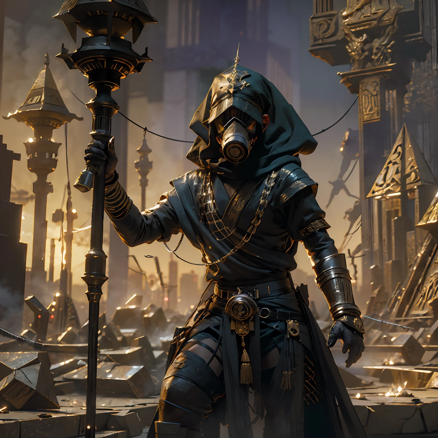 Luis Royo art style, full body illustration of a Pharaoh in silhouette::1.0, wearing a gas mask, wearing hip hop clothing hammers and diamonds apparel, dynamic pose, background cyberpunk city with pyramids, minimalistic, rtx, UHD, cell shading, 32k, ray tracing, well defined, comic, digital painting, cartoon, photorealistic, drawing, unreal engine, octane render, shaders, 4d, I can't believe how perfect this image is