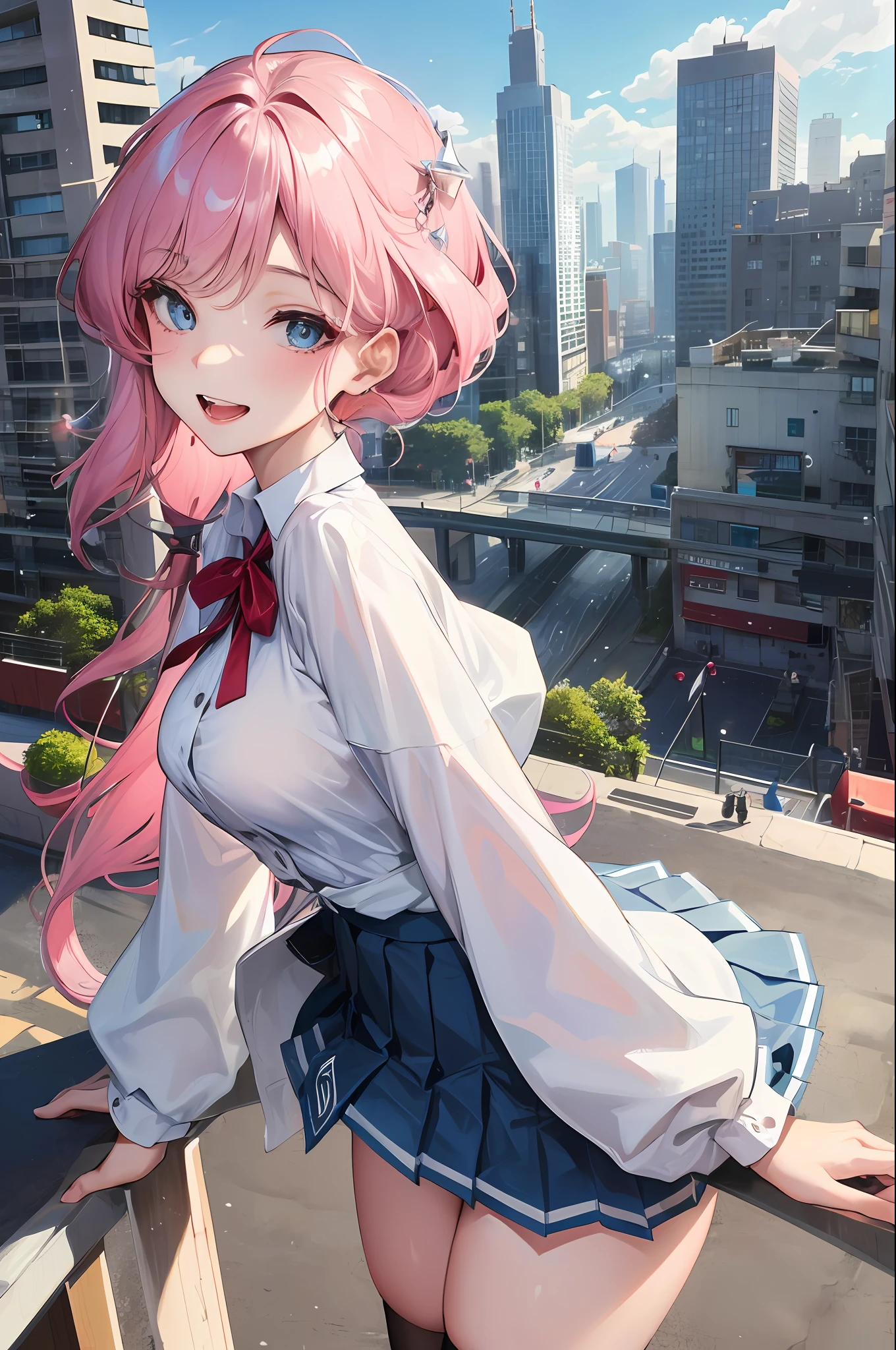 Official fine art,tmasterpiece,Sharp focus,(Beautiful gorgeous lovely Korean women:1.3),(beautiful lovely Korean people:1.3),South Korean beauties,Delicate and beautiful hair and eyes and face,realisticlying,ultra - detailed,a beauty girl,blue-sky,Glowing white particles,(sidelighting:1.2),rays of sunshine,baiyun,Detailed clouds,Slender,Cute big breasts and big buttocks,Toothy laughter,((Laugh and open your eyes)),scenecy,Long straight hair, sexy facial expression, buliding, (cityscape:1.7), Dynamic hair, Long straight hair, Delicate platinum-pink hair, glow blue eyes, (blue pleated shirt+white skirt),( (black long socks)), paleskin, hair adornments, epic landscapes,