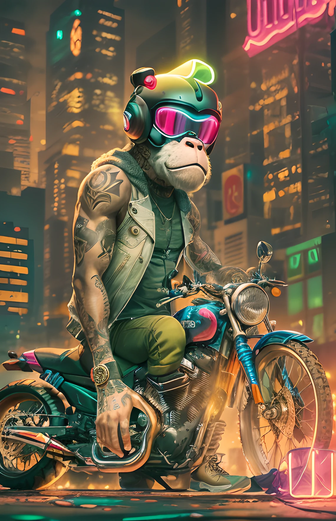 ((mejor calidad)),((ultradetallado)), ((obra maestra)), illustration, Estructura de la escena: Monkey personified as a gangster, con cara de mono y cuerpo humano. He has a muscular build and tattoos on his body. Conduce una motocicleta en la ciudad, with tall buildings behind it and flashing neon lights. Fast composition: mono-gangster, Animal personification, motociclismo, cuerpo tatuado, muscular constitution, paisaje urbano, edificios altos, neon lights