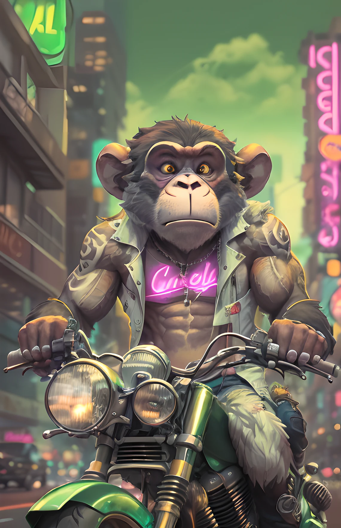((mejor calidad)),((ultradetallado)), ((obra maestra)), illustration, Estructura de la escena: Monkey personified as a gangster, con cara de mono y cuerpo humano. He has a muscular build and tattoos on his body. Conduce una motocicleta en la ciudad, with tall buildings behind it and flashing neon lights. Fast composition: mono-gangster, Animal personification, motociclismo, cuerpo tatuado, muscular constitution, paisaje urbano, edificios altos, neon lights