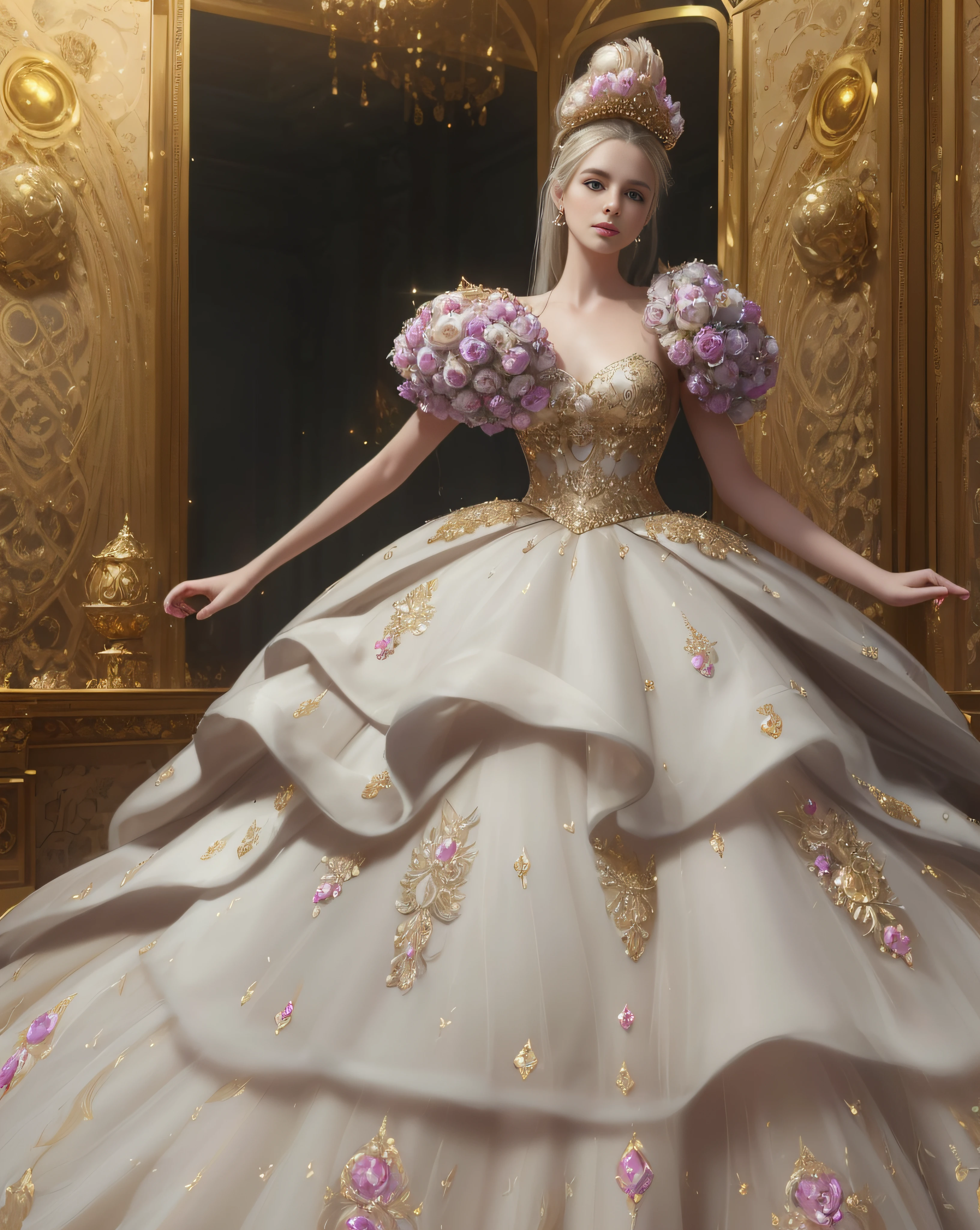 a hyper realistic photograph of a girl standing wearing a majestic light beige and gold ball gown dress, big beautiful dress, intricate puffy ball gown with lots of ruffles and rhinestones (Best quality, masterpiece, ArtStation, Fantasy Art:1.2), a palace room, a beautiful cute girl, (long white hair:1.1), (intricate short gold skirt, bare legs:1.2, full body shot)