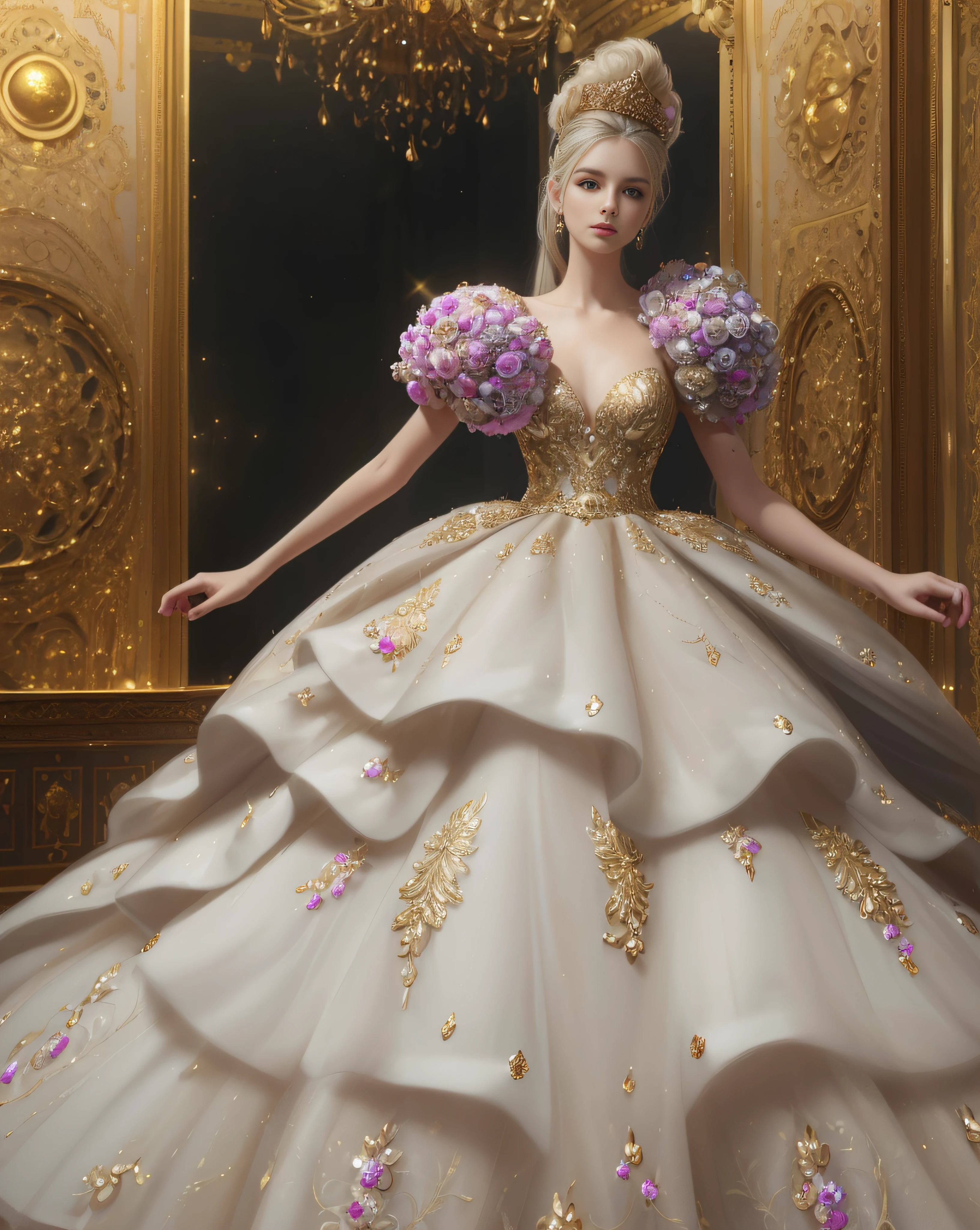 a hyper realistic photograph of a girl standing wearing a majestic light beige and gold ball gown dress, big beautiful dress, intricate puffy ball gown with lots of ruffles and rhinestones (Best quality, masterpiece, ArtStation, Fantasy Art:1.2), a palace room, a beautiful cute girl, (long white hair:1.1), (intricate short gold skirt, bare legs:1.2, full body shot)
