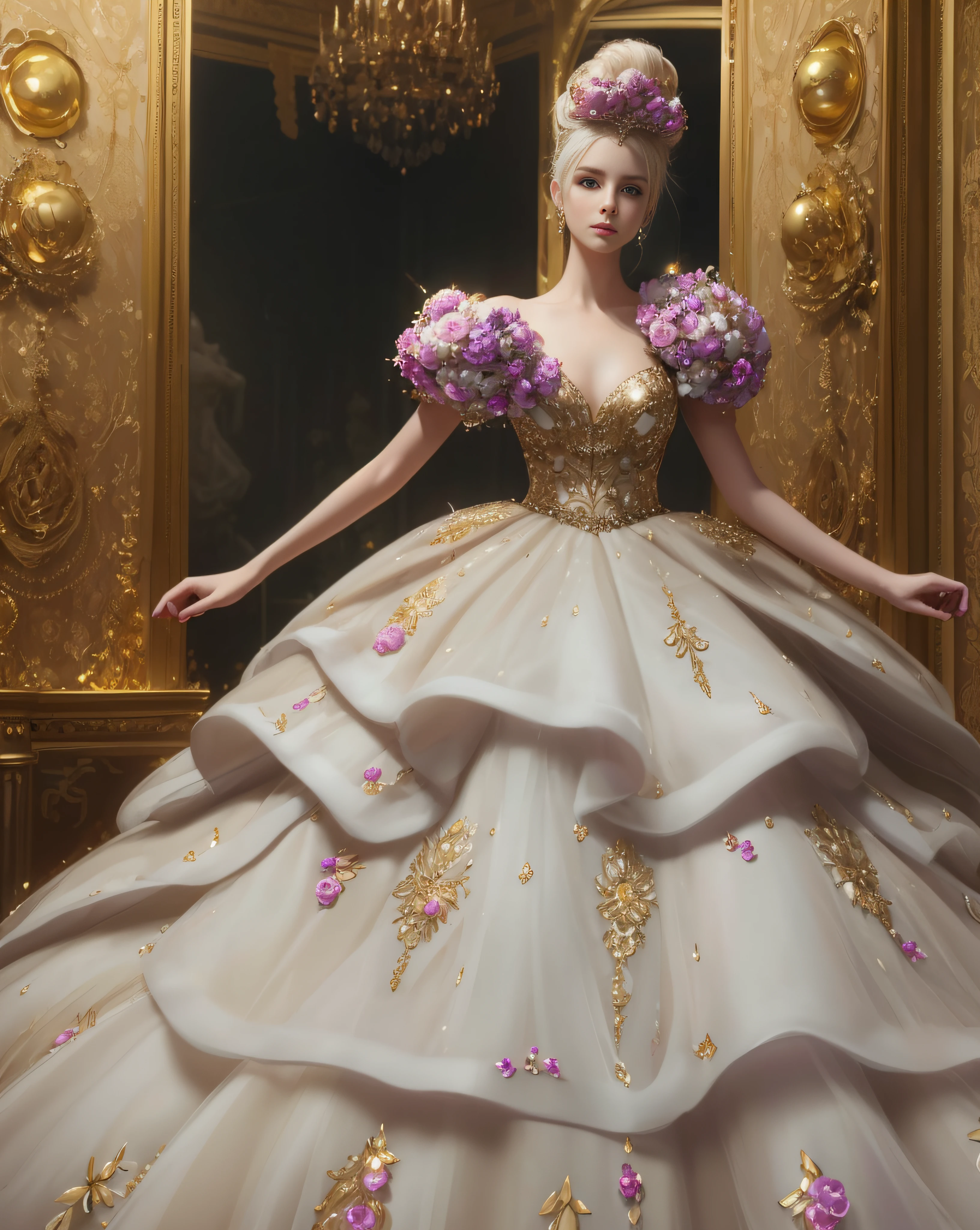 a hyper realistic photograph of a girl standing wearing a majestic light beige and gold ball gown dress, big beautiful dress, intricate puffy ball gown with lots of ruffles and rhinestones (Best quality, masterpiece, ArtStation, Fantasy Art:1.2), a palace room, a beautiful cute girl, (long white hair:1.1), (intricate short gold skirt, bare legs:1.2, full body shot)