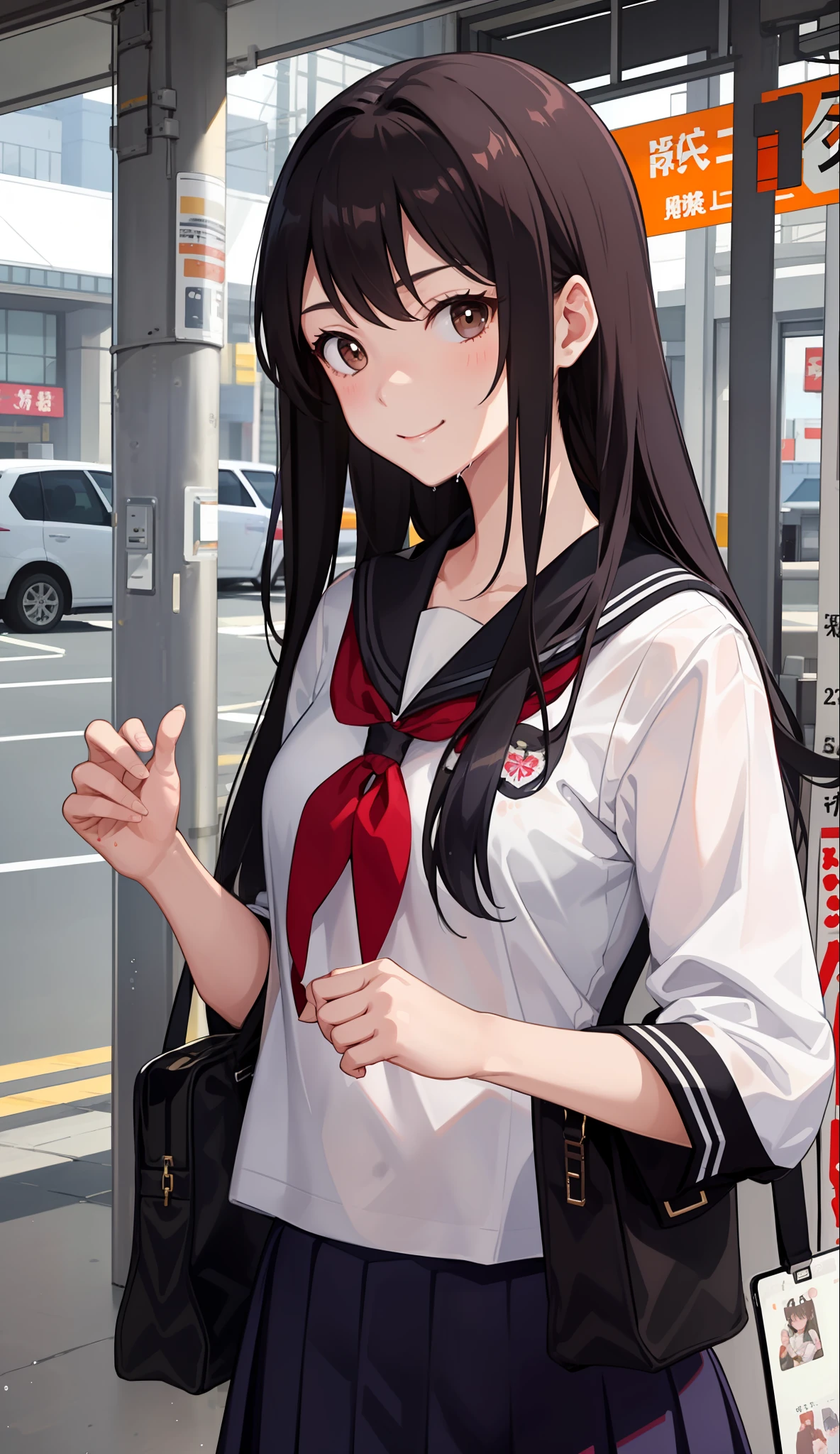 1girl in、A smile、The shirt、skirt by the、（small tits）Chilarism、Japan High School Student Uniform、serafuku、summer clothing、Squall Drenched Uniform、（Sheer Bra）、Upper body portrait、