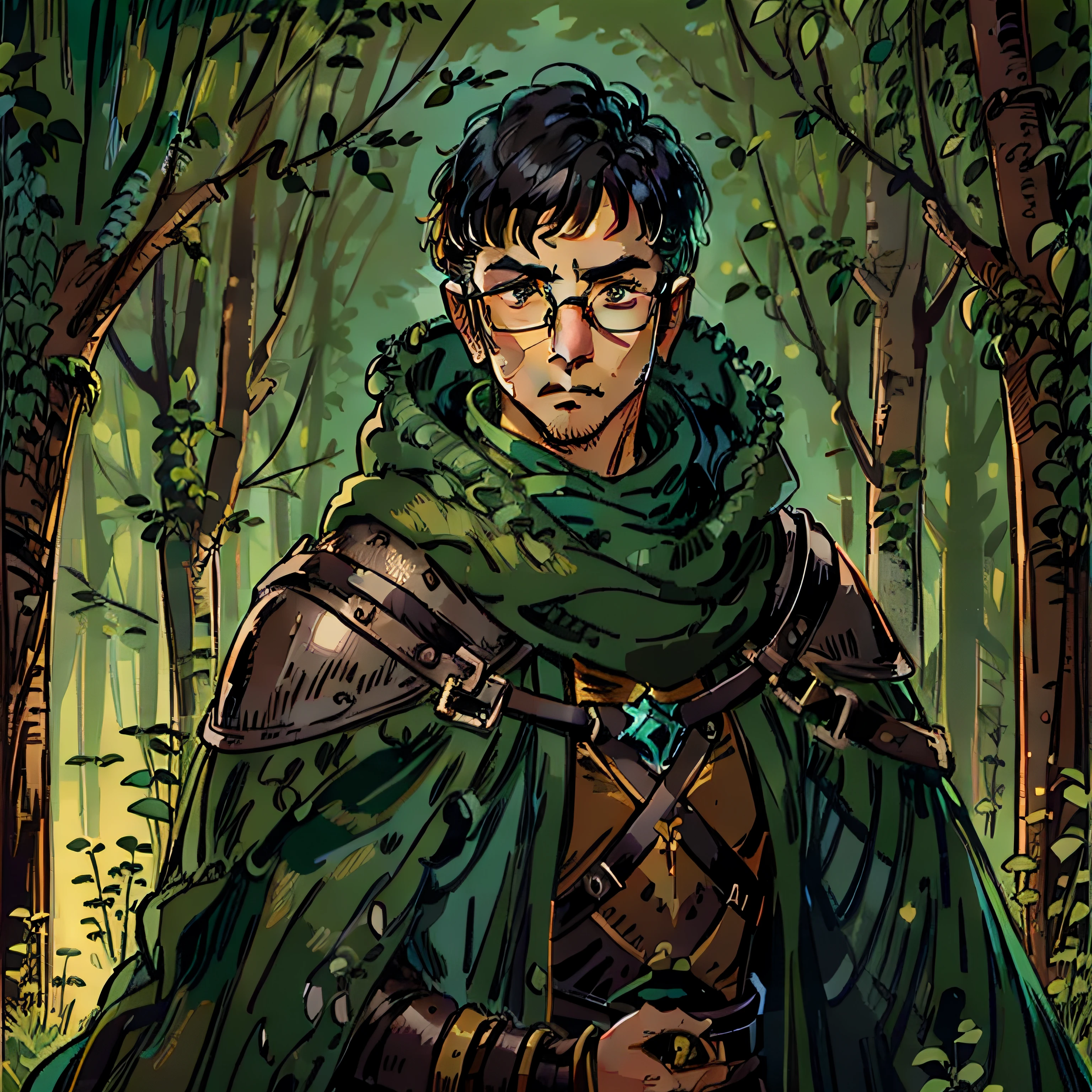 A man with round glasses, short black hair, wearing a tanned brown leather armor with a green cloak, in the background a forest, RPG character portrait, medieval fantasy, guardian. (Black eyes 1.2)