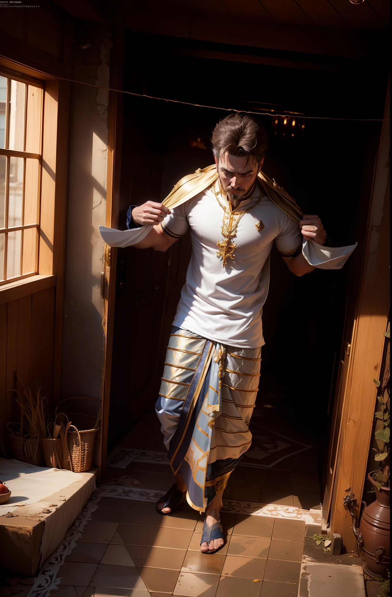 Change the background into the beautiful home from where the man come out,the man wear a beautiful saint costume,looking handsome, realistic face,8k ultra photography