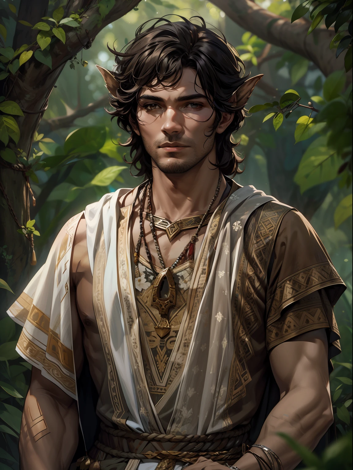 d&desenho d, A very handsome faun druid with white eyes and a tunic with an acacia pattern, loyal expression, intensidade de close-up, master part, best quality, ultra-detalhado, Beautiful cinematic lighting, detalhes intrincados, Olhando para o Viewer, Profundidade de campo-AR 2:3-s 200
