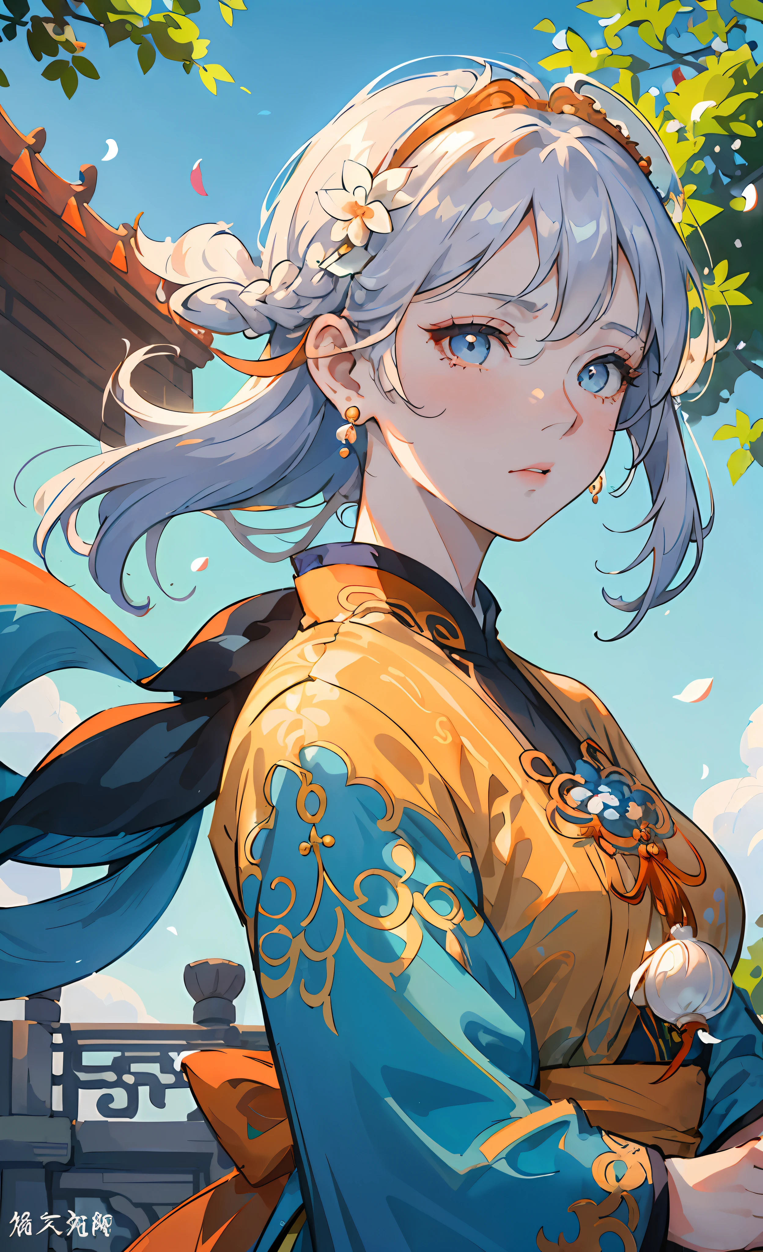 Mature girl, orange pupils, blue-white hair color, floating hair, delicate and flexible eyes, intricate damask Hanfu, gorgeous accessories, wearing pearl earrings, fov, f/1.8, masterpiece, ancient Chinese architecture, blue sky, flower petals flying, front portrait shot, Chang'e, side light, sunlight shining on people, 8K