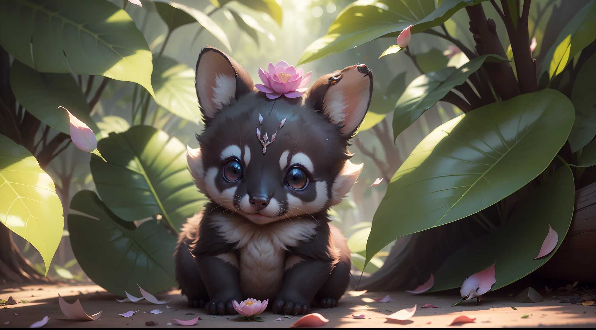 baby coati, fundo complexo, beautiful  lighting, sombra profunda, melhor qualidade, obra-prima, Ultra Highres, fotorrealista, Proper proportions, muitos pequenos detalhes, cores suaves, volumeric lighting, Scifi, contraste: 0.5, sozinho: 1.4, majo, bicho, floresta, grama, salgueiros, flower petals, Ultra fofo, Cutemaomao