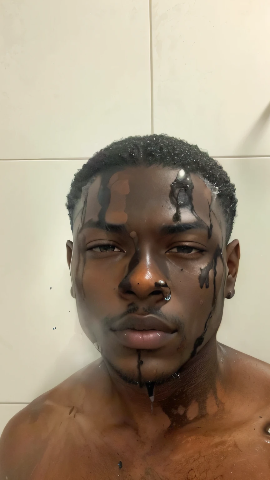 There is a man with a black face and black hair, dripping with oil in the head, water dripping off him, imagem frontal, man is with black skin, rosto limpo e brutal ensanguentado, covered in oil, black oil bath, pele suada escorrendo pelo rosto, marcas no rosto, pele da vida real, creme pingando no rosto, gotejamento da pele, foto de perfil, Album art