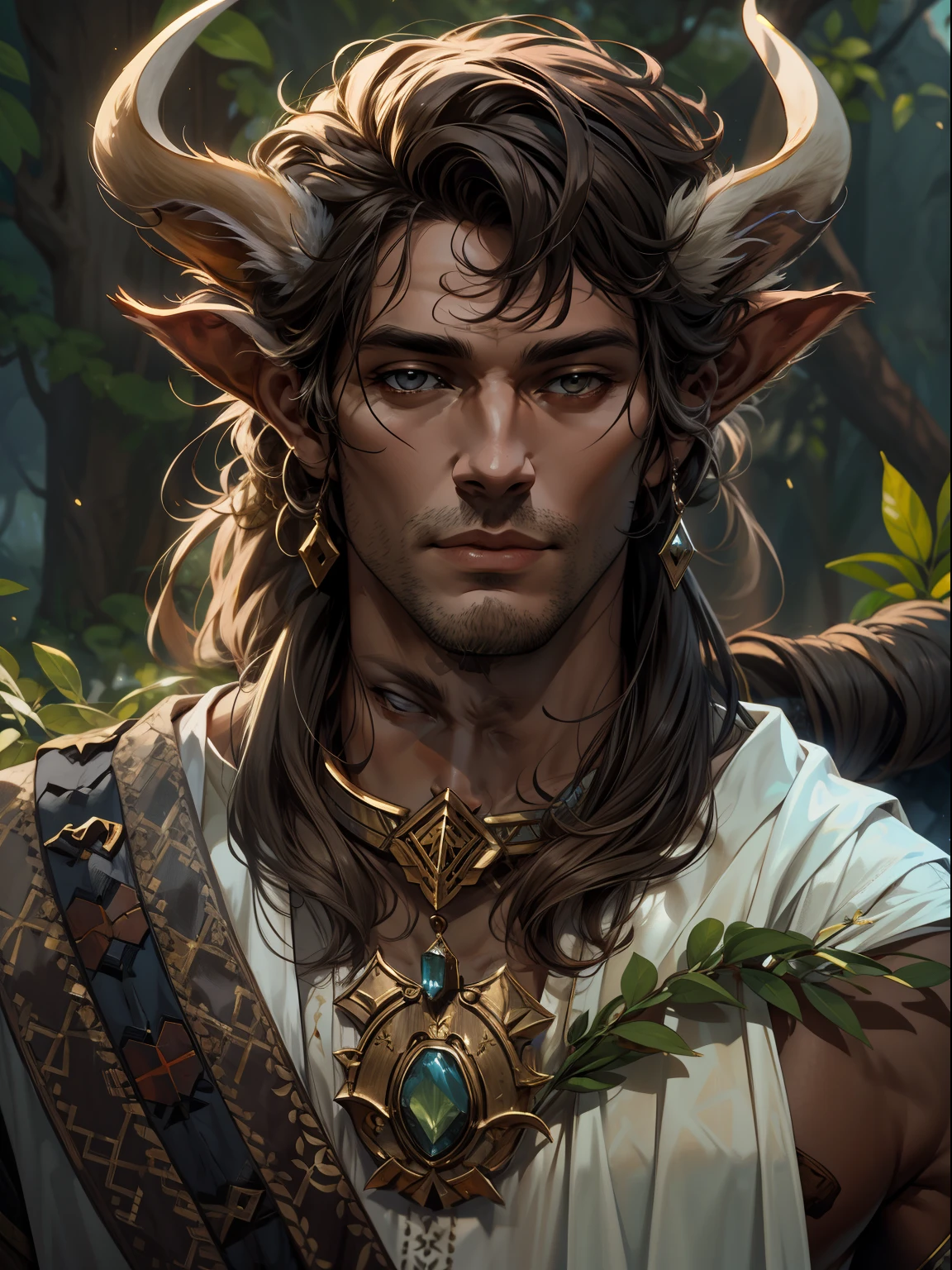 d&desenho d, A very handsome faun druid with white eyes and a tunic with an acacia pattern, loyal expression, intensidade de close-up, master part, best quality, ultra-detalhado, Beautiful cinematic lighting, detalhes intrincados, Olhando para o Viewer, Profundidade de campo-AR 2:3-s 200