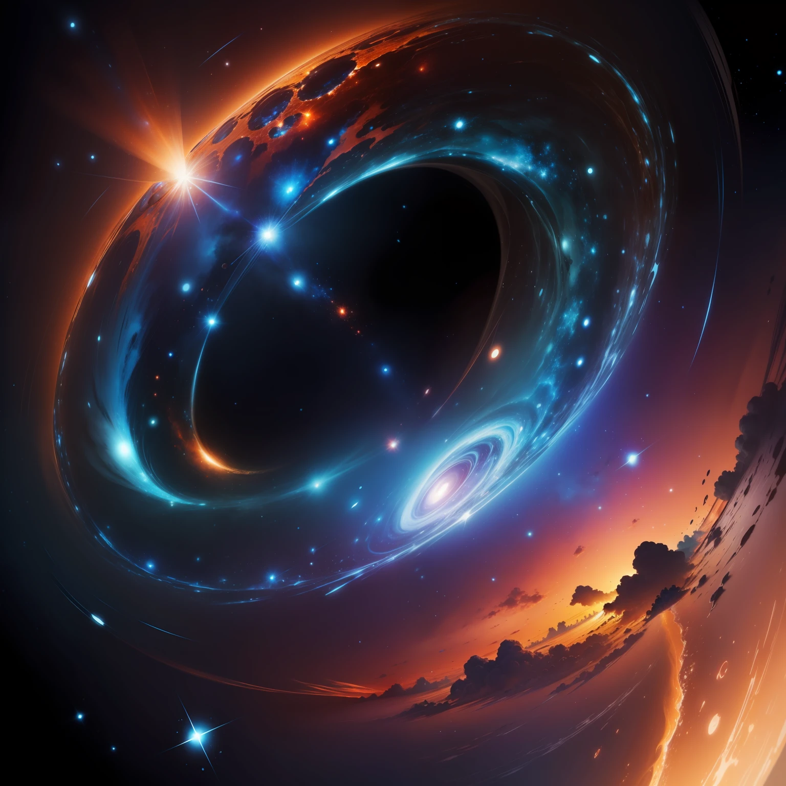 blue and orange galaxy. fundo preto.