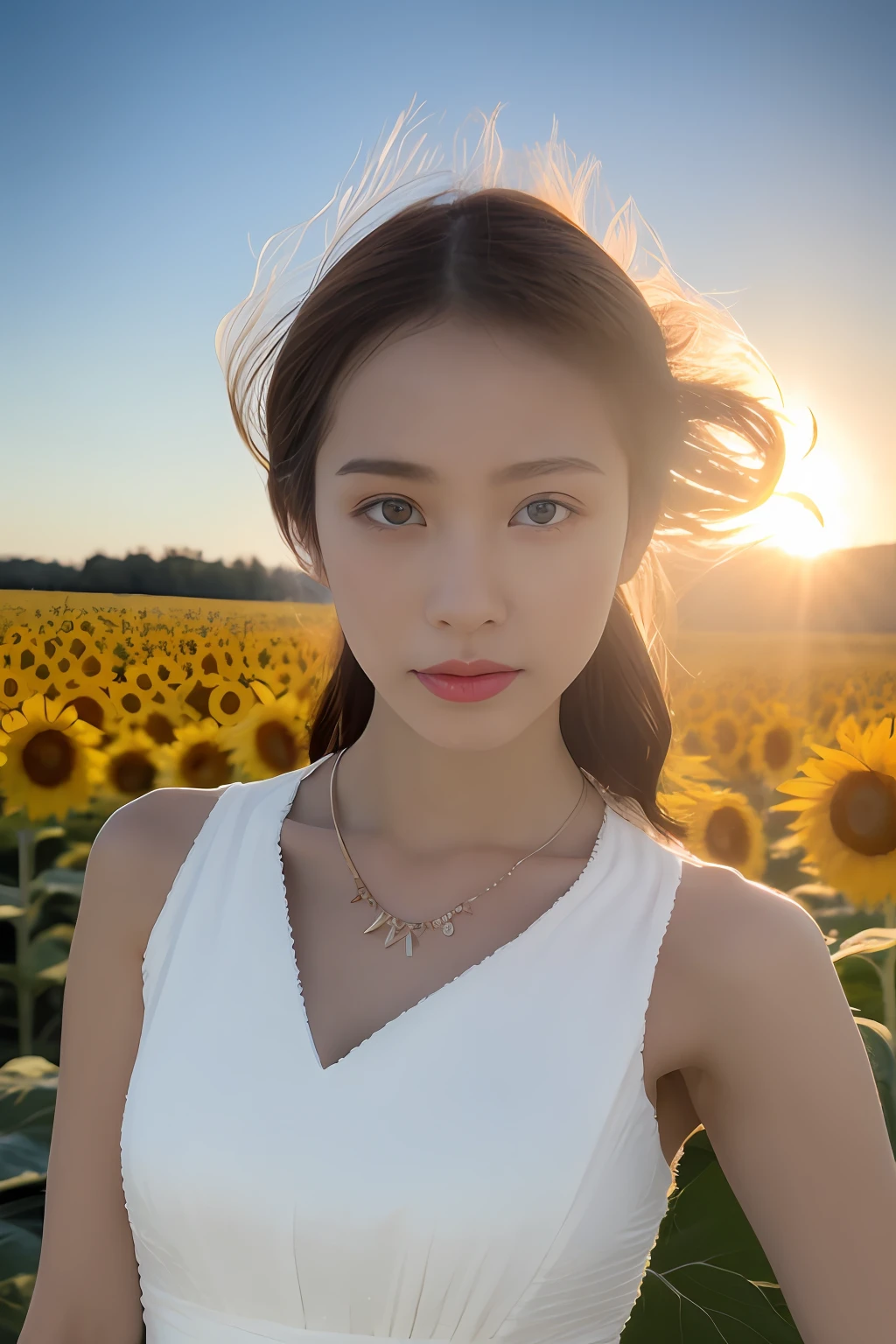 (8K, RAW photogr, Photorealistic:1.25)，1girll，a lot of sunflowers，blue-sky，baiyun，Pose，(white dresses:1.2)，Rainbow color necklace，（of a real：1.4），conservative girl，full bodyesbian，lens flare glow，Textured skin,delicated face