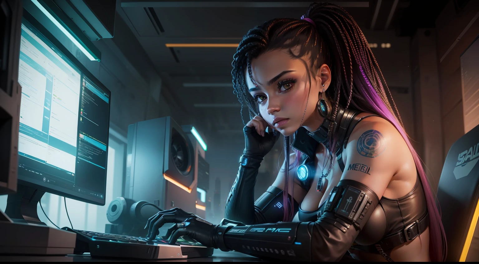 (melhor qualidade, obra-prima), cyberpunk, 1girl, pele negra, sardas, estudando, mesa com computador, noite, Codes