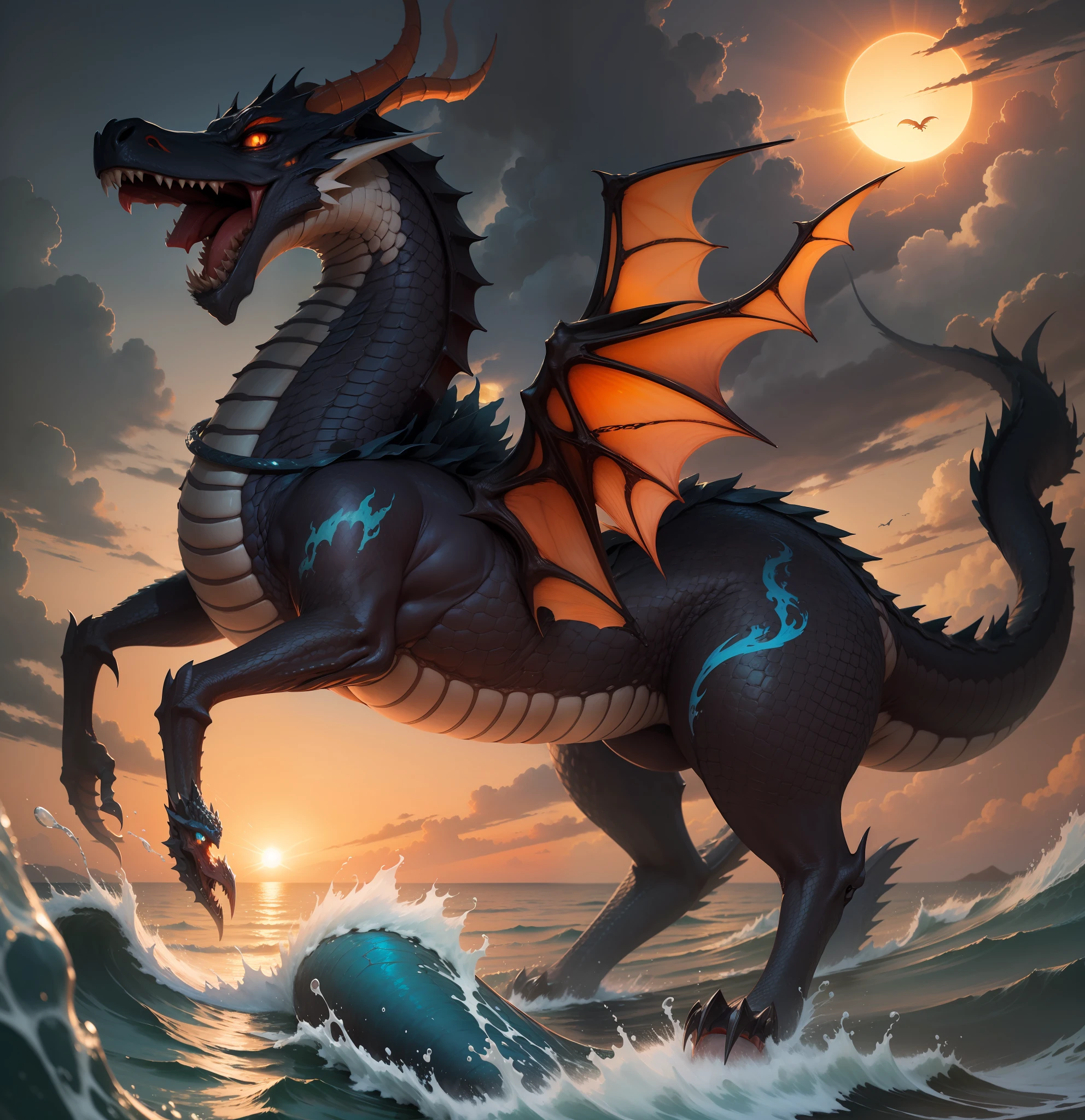 Dragons are at sea.., Blue Sea, evening. Orange Sun