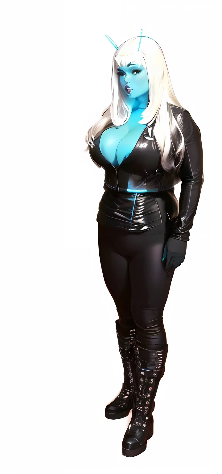 Araffe vestida com uma roupa preta e maquiagem azul, UMA (1) mulher JAPONESA, HAIR BRANCOS, CABELOS BRANCOS, Estilo Star Trek , PLUS SIZE CHUBBY sexy, SEIOS MEDIOS, vestindo, JACKETA com partes branca ESTILO STAR TREK, ,BLACK LEATHER PANTS Star Trek style, perfectly proportions, Imagem altamente detalhada, Estilo realista, perfect hands , Estilo Star Trek, dentro da nave espacial USS Enterprise-1701, estilo filme star trek de J. j. Abrams, papel de parede