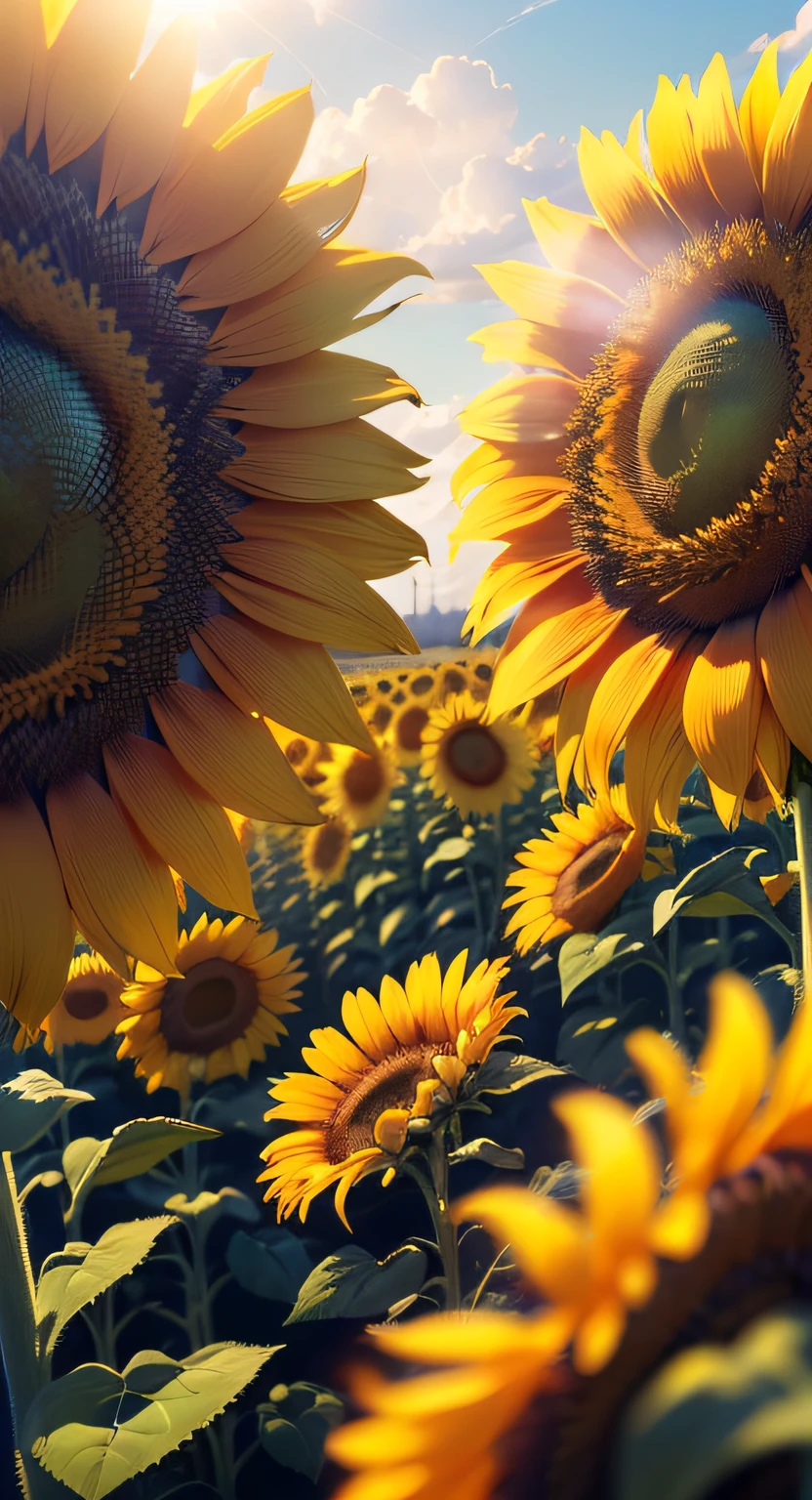 (8K, RAW photogr, Photorealistic:1.25),a lot of sunflowers,Tyndall rays,(of a real:1.4),lens flare glow