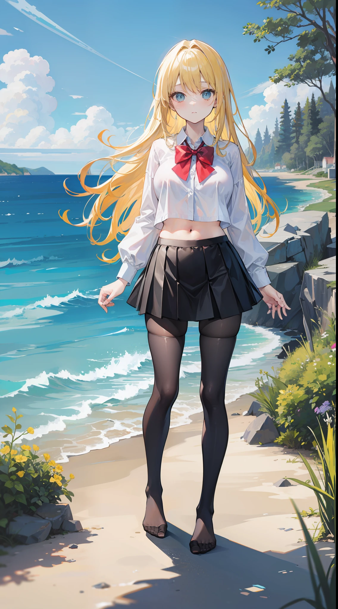Masterpiece((tmasterpiece)),(White color blouse),((black micro skirt)),(Black transparent stockings),adolable,is shy,(Long yellow)Hair,red bowtie,long leges,(Have by the sea),(Facing the sea),Open navel,No shoes on,(standing on your feet)