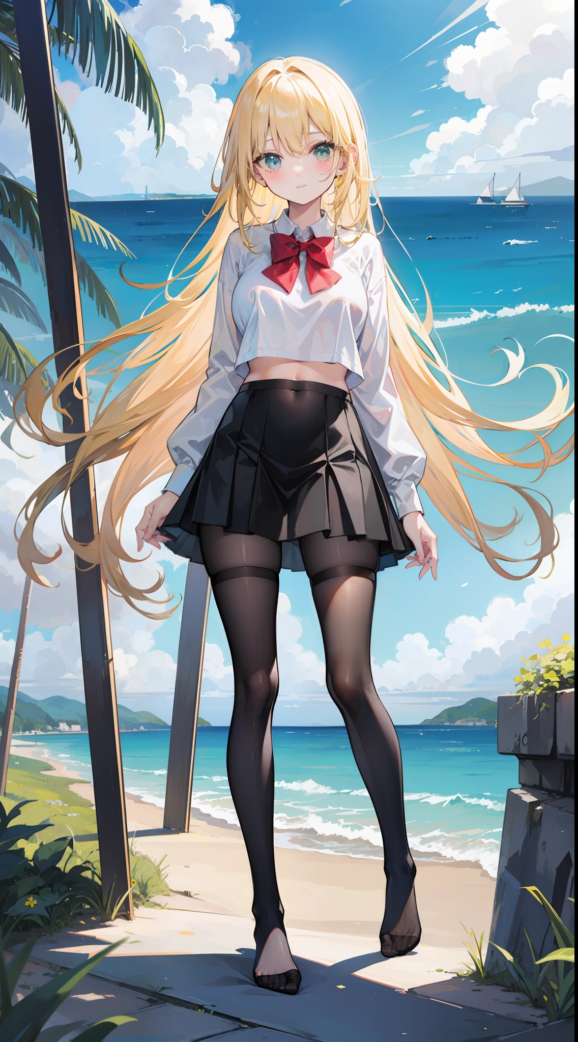 Masterpiece((tmasterpiece)),(White color blouse),((black micro skirt)),(Black transparent stockings),adolable,is shy,(Long yellow)Hair,red bowtie,long leges,(Have by the sea),(Facing the sea),Open navel,No shoes on,(standing on your feet)