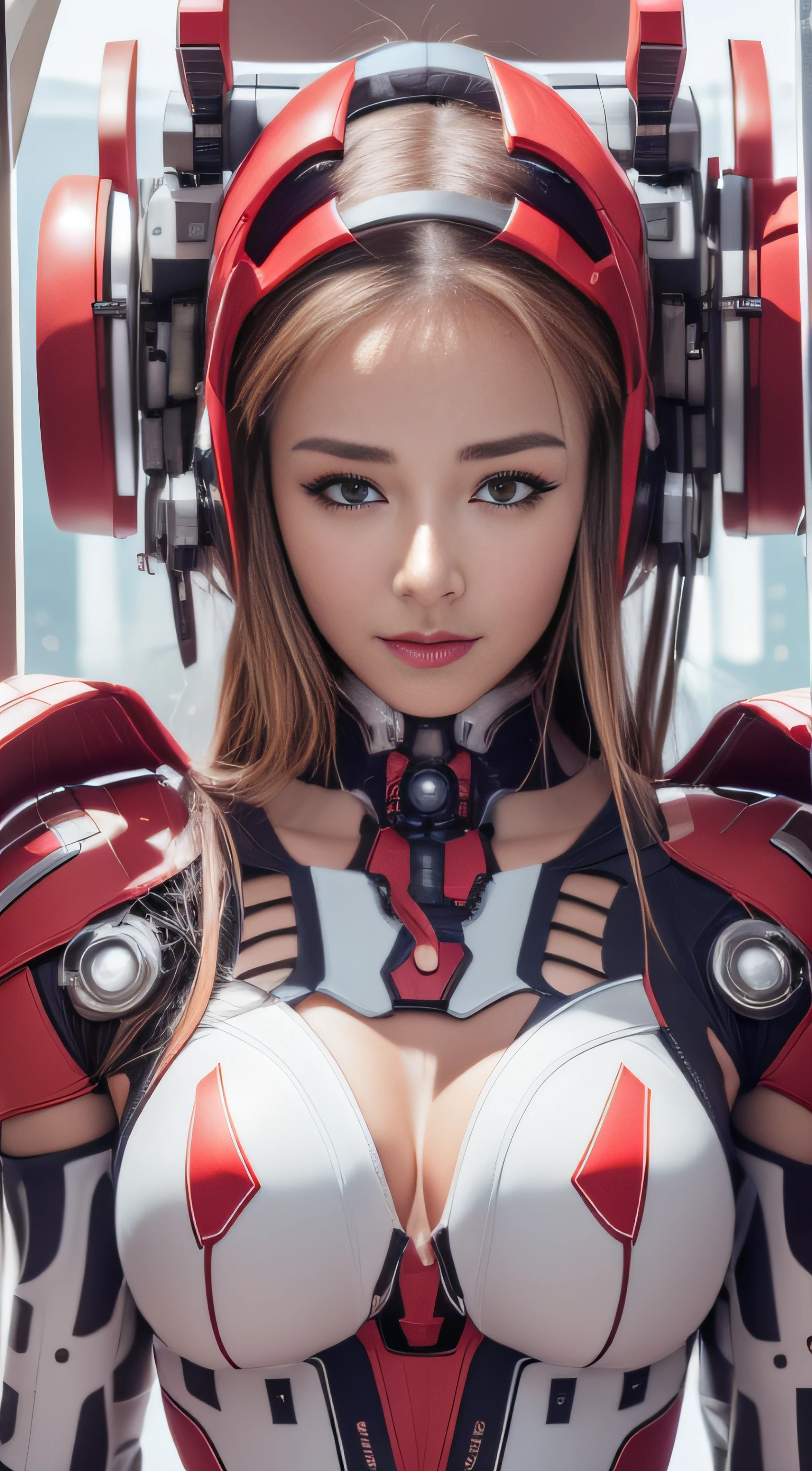 Highest image quality,Outstanding details,超高分辨率,(Fidelity:1.4),The best illustration,Favor the details,closeup cleavage,A mech girl,He has a delicate and beautiful face,((Red and white semi-mechanical body:1.8)),Raised sexy,乳溝, frontage,onbed, cyber punk perssonage,Futuristic,mechanically aesthetic,Complex machinery,The background is a high-tech lighting scene in the future city,Virtual Engine 5,Perfect detail rendering,rendering by octane,hyper HD