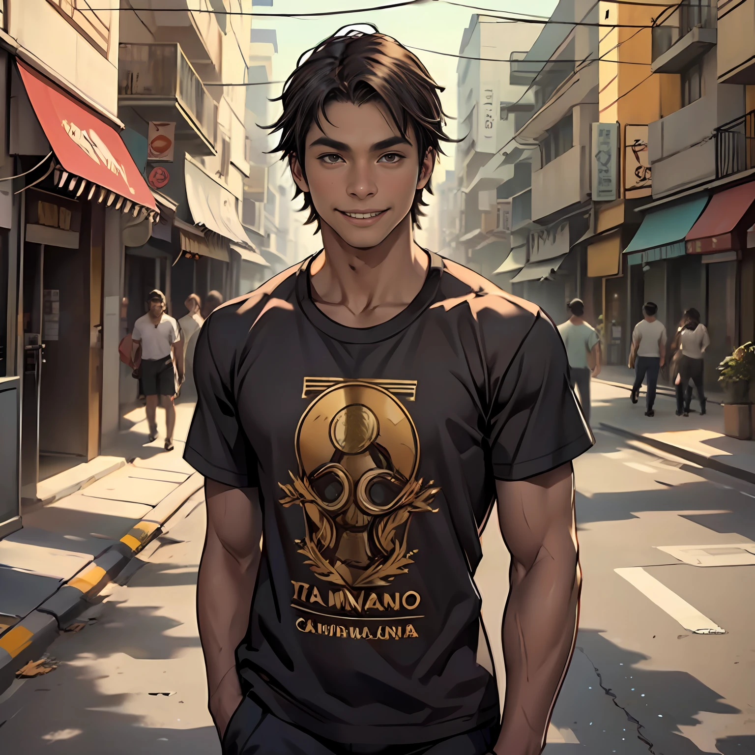 camiseta color negro con dorado camiseta ajustada al cuertpo ultra realista, 16-year-old boy with brown cinnamon skin, cuerpo atletico tonificado cabello liso,masculino serio pensativo observador tiene el dorso desnudo camiseta negra ajustada al cuerpo caminando, sonriendo por las calles de una moderna ciudad un amigo cernaco se acerca por atras y lo abraza