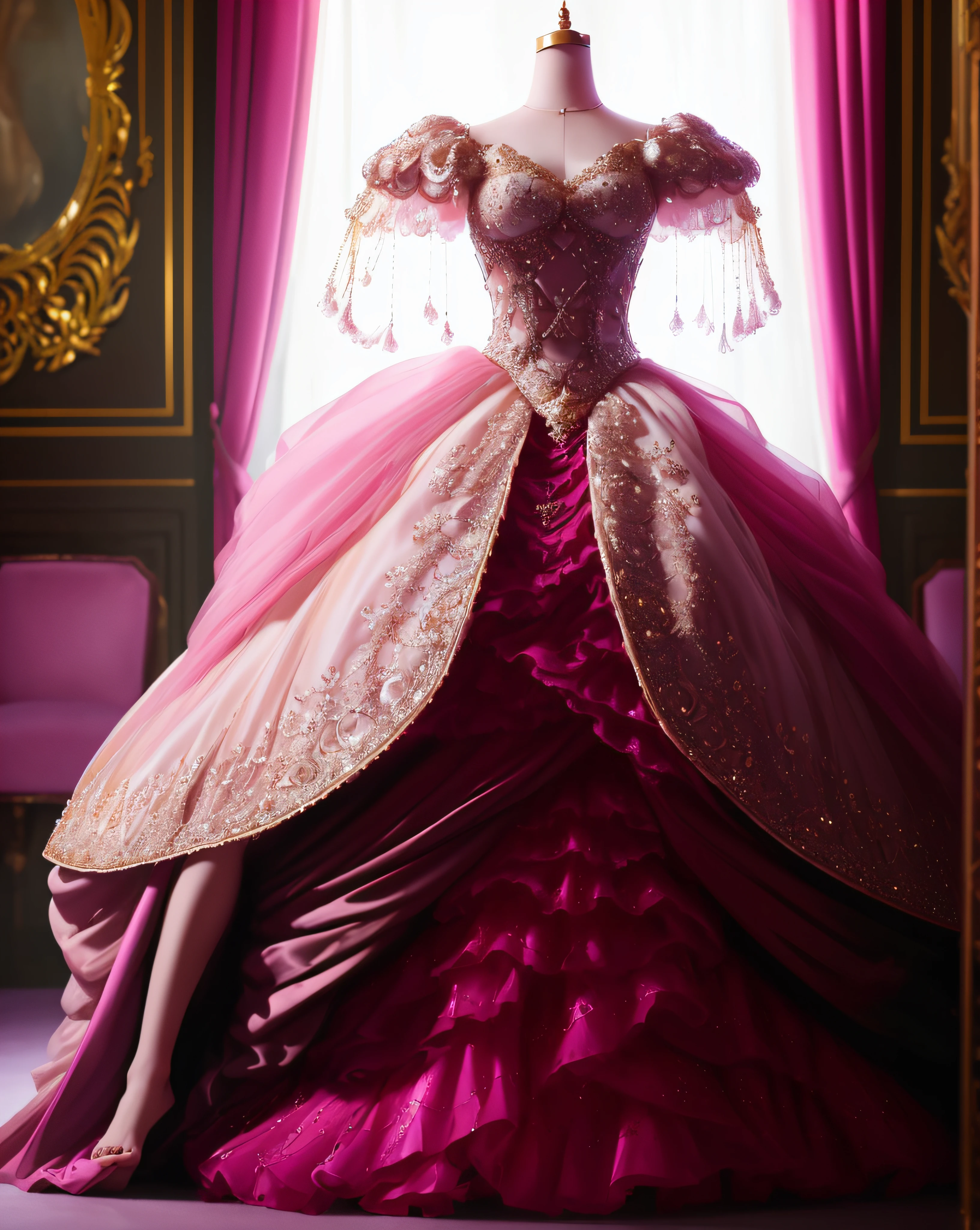 a hyper realistic photograph of a girl standing wearing a majestic light beige and gold ball gown dress, big beautiful dress, intricate puffy ball gown with lots of ruffles and rhinestones (Best quality, masterpiece, ArtStation, Fantasy Art:1.2), a palace room, a beautiful cute girl, (long white hair:1.1), (intricate short gold skirt, bare legs:1.2, full body shot)