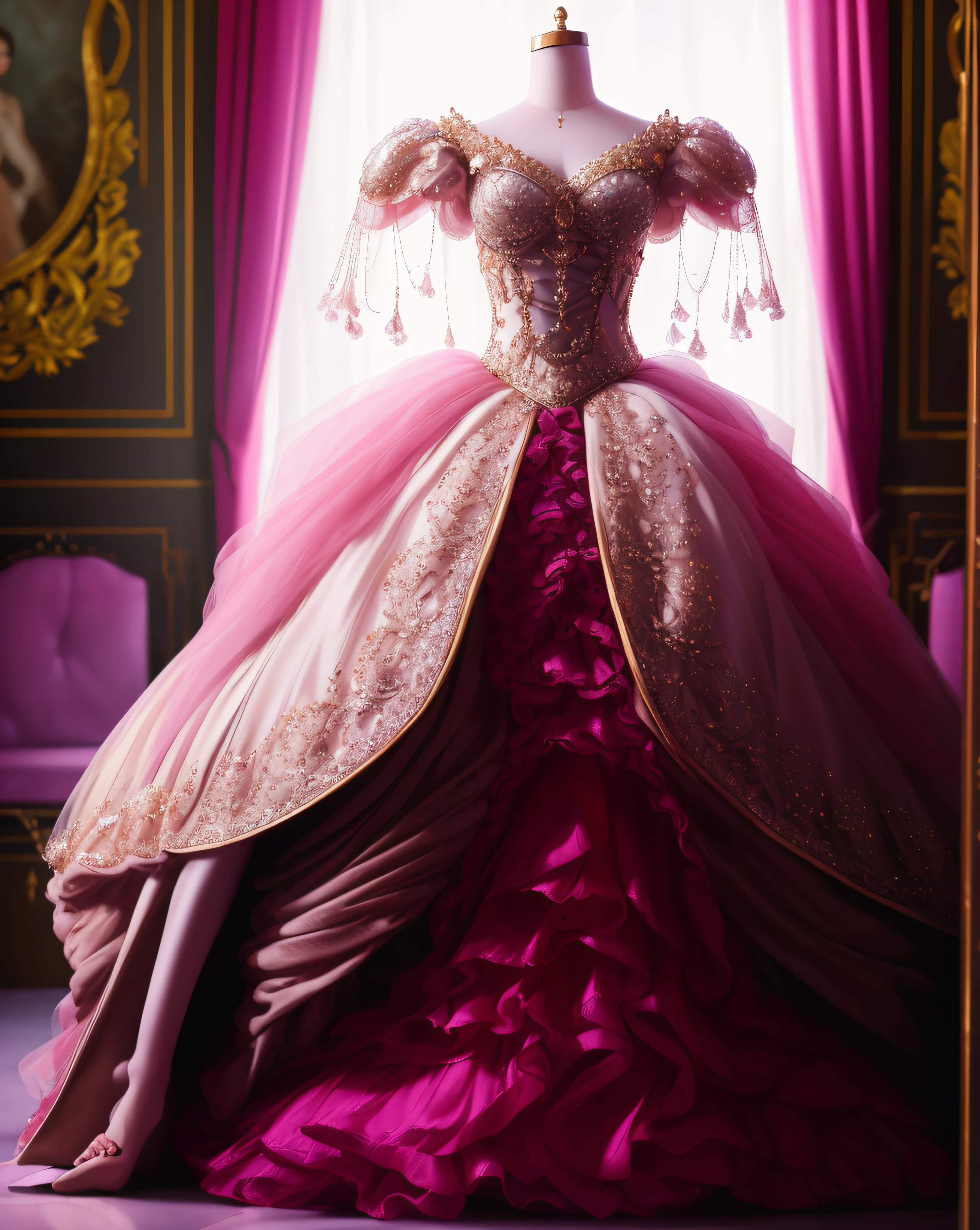 a hyper realistic photograph of a girl standing wearing a majestic light beige and gold ball gown dress, big beautiful dress, intricate puffy ball gown with lots of ruffles and rhinestones (Best quality, masterpiece, ArtStation, Fantasy Art:1.2), a palace room, a beautiful cute girl, (long white hair:1.1), (intricate short gold skirt, bare legs:1.2, full body shot)