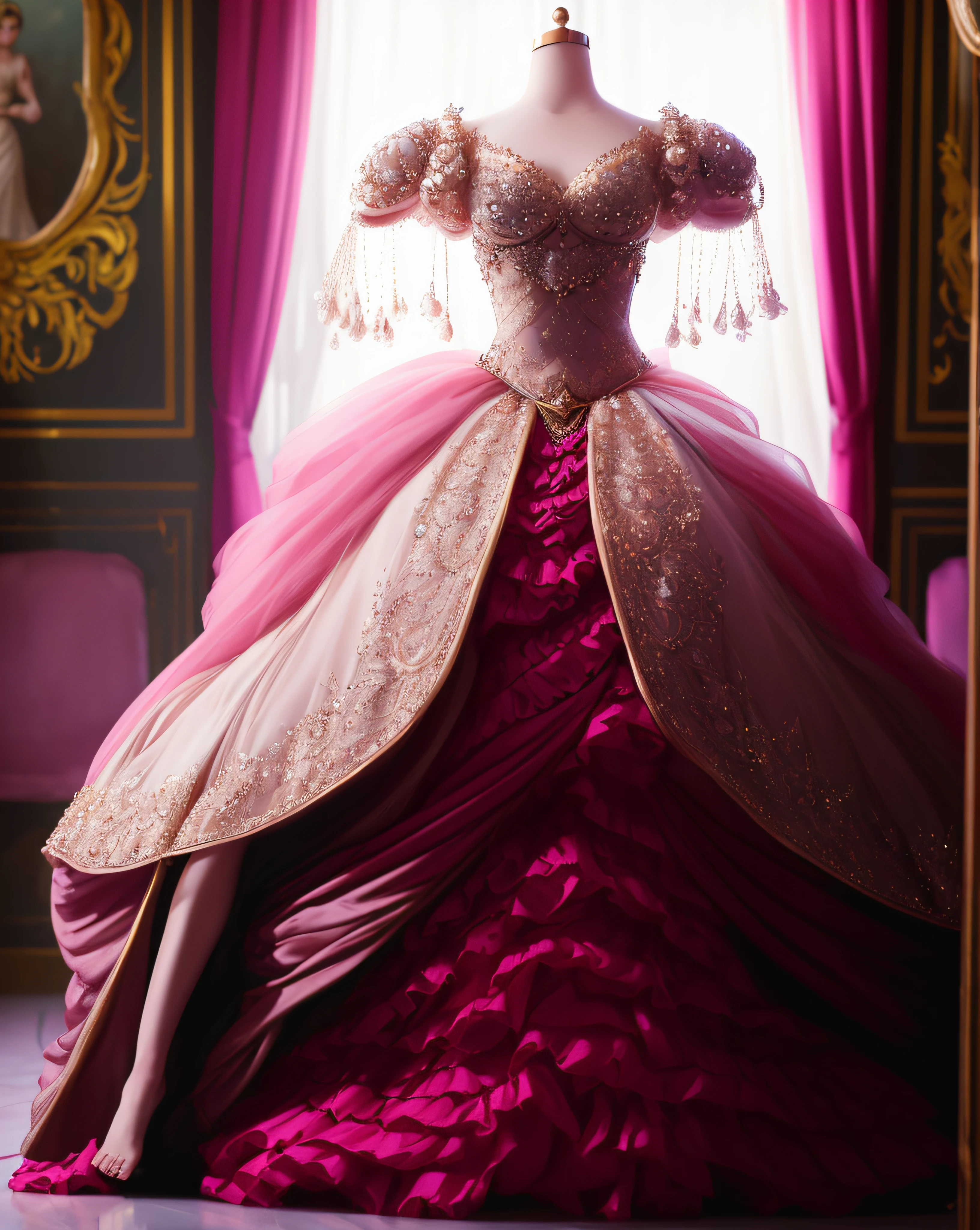 a hyper realistic photograph of a girl standing wearing a majestic light beige and gold ball gown dress, big beautiful dress, intricate puffy ball gown with lots of ruffles and rhinestones (Best quality, masterpiece, ArtStation, Fantasy Art:1.2), a palace room, a beautiful cute girl, (long white hair:1.1), (intricate short gold skirt, bare legs:1.2, full body shot)