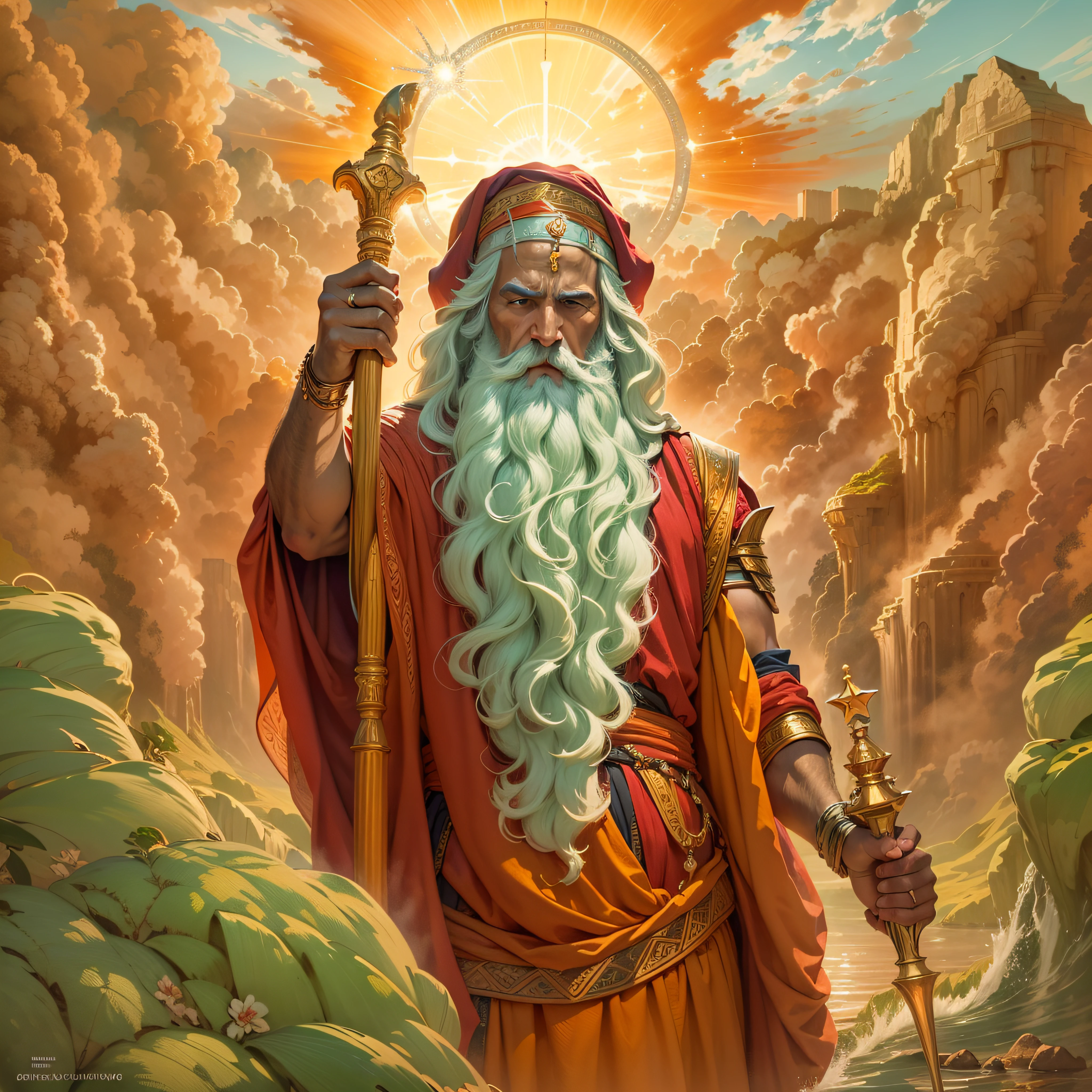 Create an illustrative image of Moses as a confident and courageous leader, guiando o povo hebreu em sua busca pela liberdade. Moses must be portrayed with a determined expression, while the Hebrews around him see him with hope and wonder. The scenery may include symbols such as the separation of the Red Sea or the column of guiding fire, emphasizing your divine connection. Use strong, vibrant colors to convey Moses' empowerment and inner strength