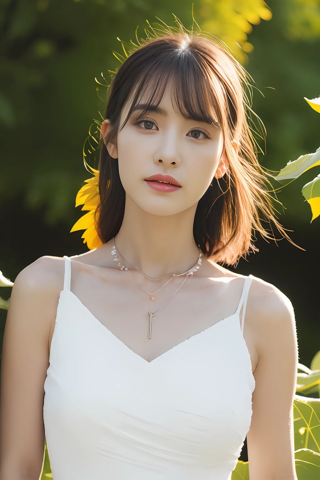 (8K, RAW photogr, Photorealistic:1.25)，1girll，a lot of sunflowers，blue-sky，baiyun，Pose，(white dresses:1.2)，Rainbow color necklace，（of a real：1.4），conservative girl，full bodyesbian，lens flare glow，Textured skin,delicated face