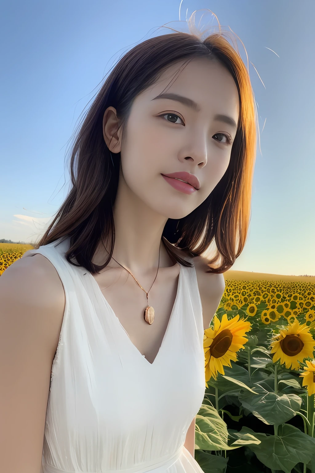 (8K, RAW photogr, Photorealistic:1.25)，1girll，a lot of sunflowers，blue-sky，baiyun，Pose，(white dresses:1.2)，Rainbow color necklace，（of a real：1.4），conservative girl，full bodyesbian，lens flare glow，Textured skin,delicated face