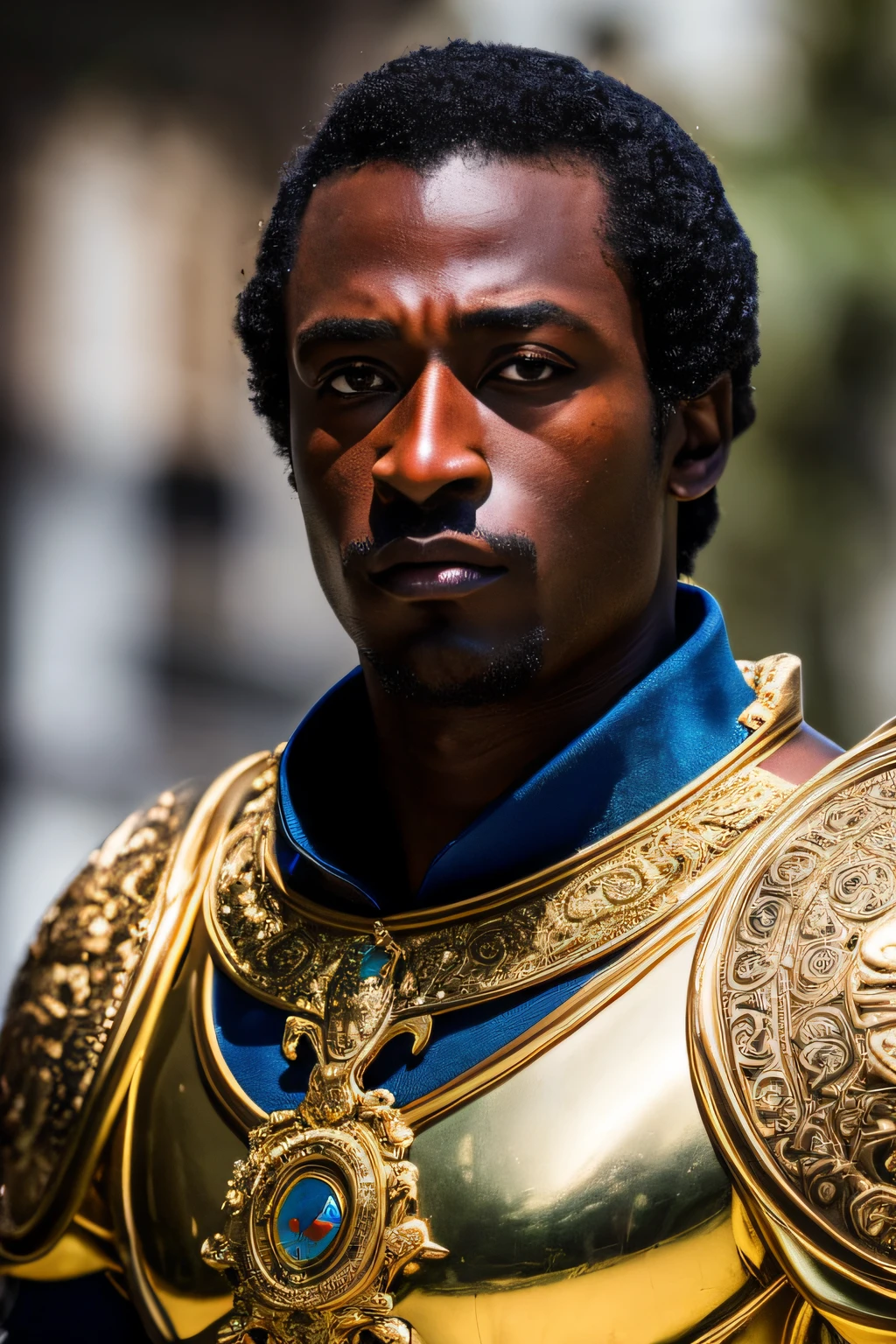 (Nice Disney Prince Dark Black Hair, olhos azuis, Striking reflections and foundation face, pele branca de oliva, pele bronzeada. Semideus grego guerreiro A1.2), Traje de guerreiro romano preto e azul, hiper detalhado, Ultra sharp, 8k, (incrivelmente detalhado: 1.5), fotografia de corpo completo iro, 20 megapixels, Canon E OS R3, Totalmente detalhado, Semideus Grego