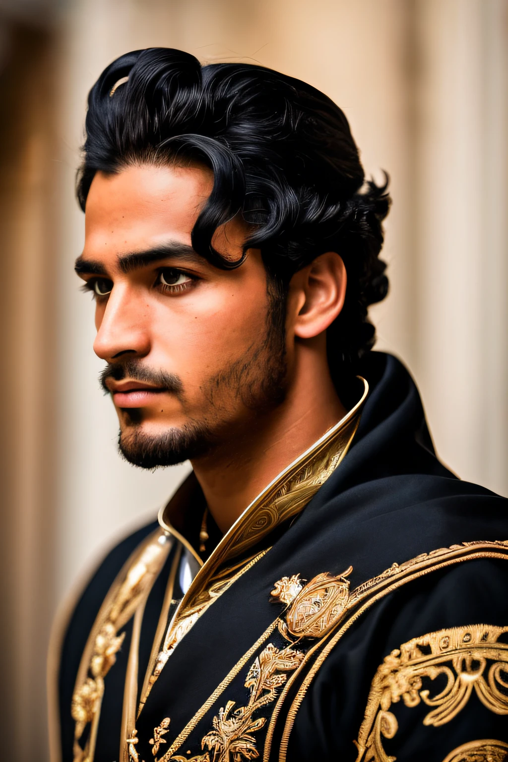 (Nice Disney Prince Dark Black Hair, olhos azuis, Striking reflections and foundation face, pele branca de oliva, pele bronzeada. Semideus grego guerreiro A1.2), Traje de guerreiro romano preto e azul, hiper detalhado, Ultra sharp, 8k, (incrivelmente detalhado: 1.5), fotografia de corpo completo iro, 20 megapixels, Canon E OS R3, Totalmente detalhado, Semideus Grego