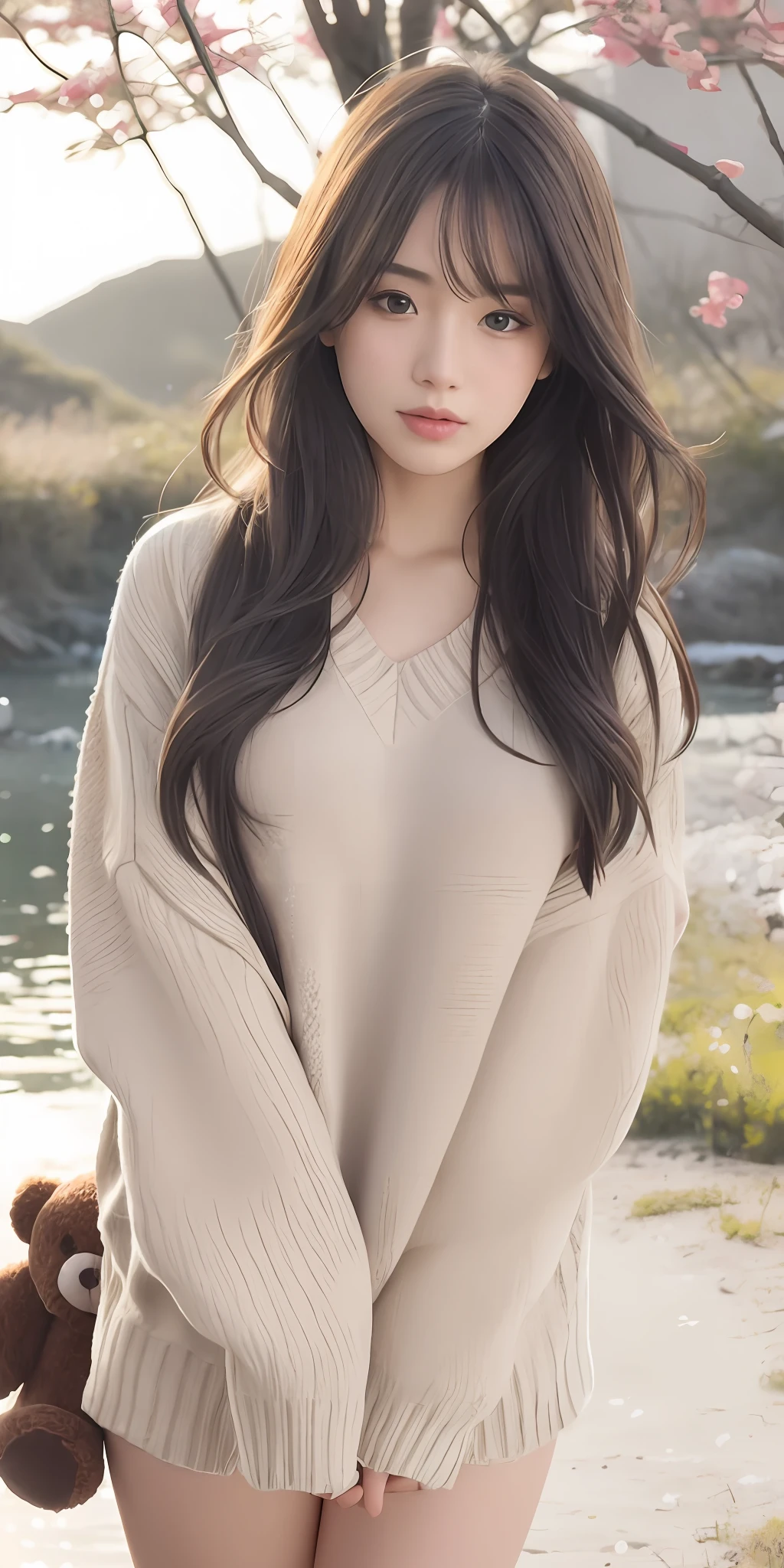 1girl walking on the river, mix4, sweater, pillow, lips, open_mouth, realistic, photo_\(medium\), solo, stuffed_animal, stuffed_toy, teddy_bear,(masterpiece),(photorealistic:1.3), ultra-detailed, (high detailed skin:1.2),(best quality:1.0), (ultra highres:1.0), (ulzzang-6500:0.3), wavy detailed hair, long hair, sunshine, (beautiful detailed makeup), (sexually aroused blushing heavy breathing:1.0), floral theme flower petals scattered, (soft glow bloom:0.5)