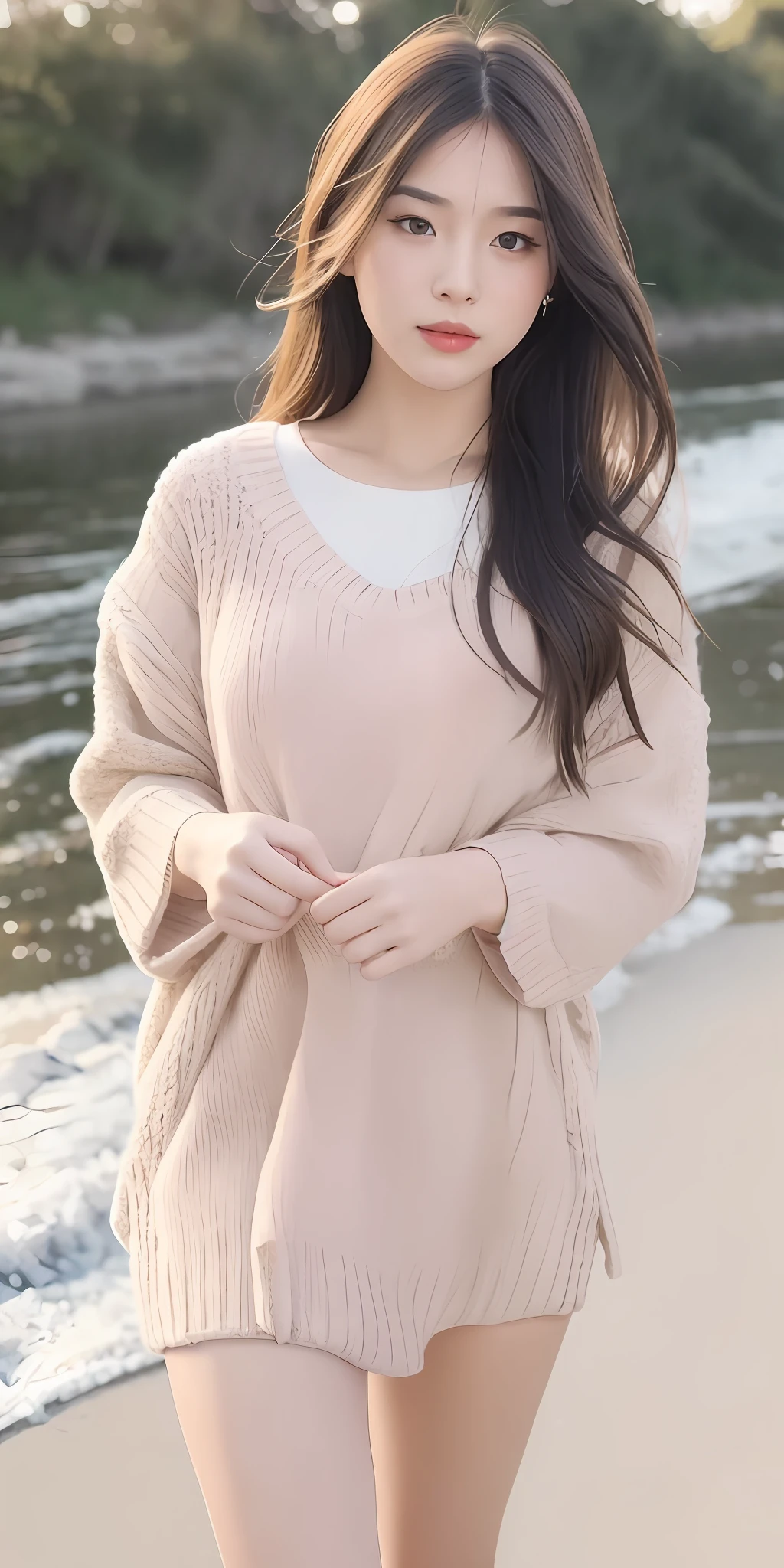 1girl walking on the river, mix4, sweater, pillow, lips, open_mouth, realistic, photo_\(medium\), solo, stuffed_animal, stuffed_toy, teddy_bear,(masterpiece),(photorealistic:1.3), ultra-detailed, (high detailed skin:1.2),(best quality:1.0), (ultra highres:1.0), (ulzzang-6500:0.3), wavy detailed hair, long hair, sunshine, (beautiful detailed makeup), (sexually aroused blushing heavy breathing:1.0), floral theme flower petals scattered, (soft glow bloom:0.5)
